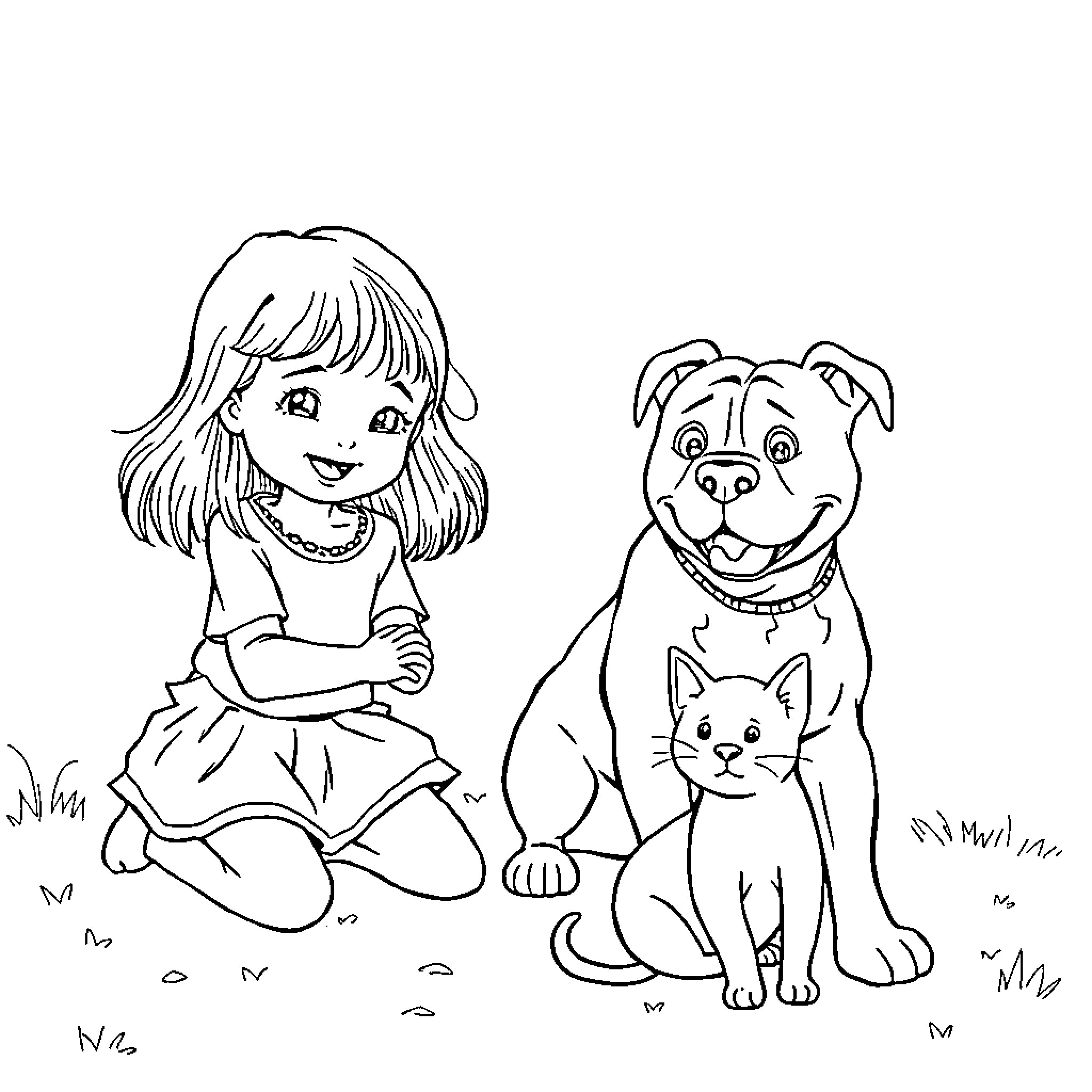 Girl playing with pets in the garden Coloring Page (free black-and-white line drawing printable PDF for all, from beginners to advanced learners, including children, teens, adults, and seniors)
