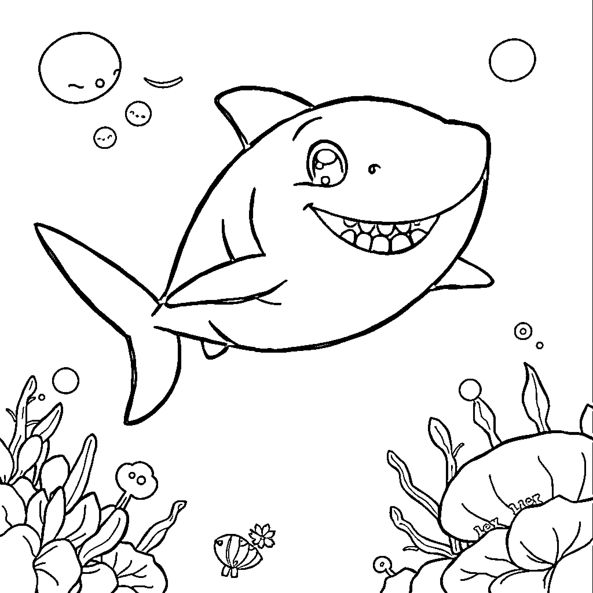 Baby Shark swimming happily in the ocean Coloring Page (free black-and-white line drawing printable PDF for all, from beginners to advanced learners, including children, teens, adults, and seniors)