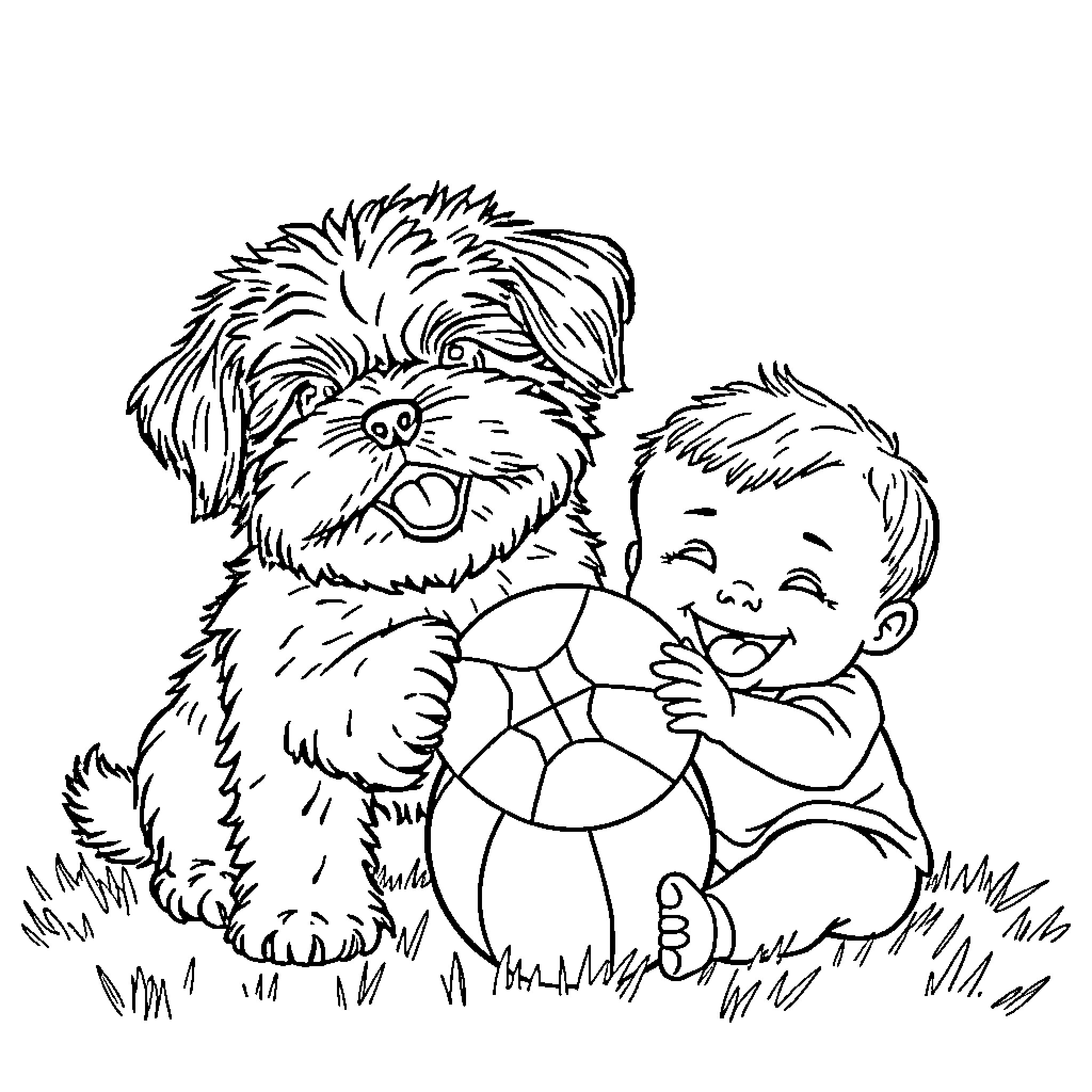 Shih Tzu playing with a child in the park Coloring Page (free black-and-white line drawing printable PDF for all, from beginners to advanced learners, including children, teens, adults, and seniors)