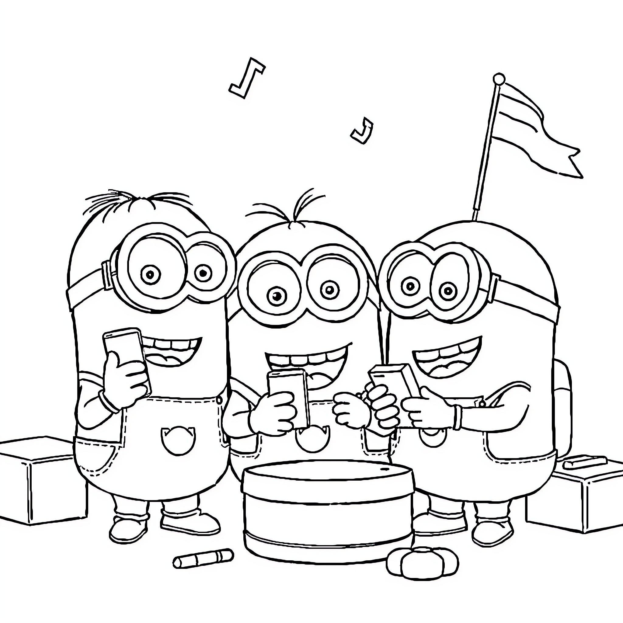 Minions celebrating with a cake and music Coloring Page (free black-and-white line drawing printable PDF for all, from beginners to advanced learners, including children, teens, adults, and seniors)