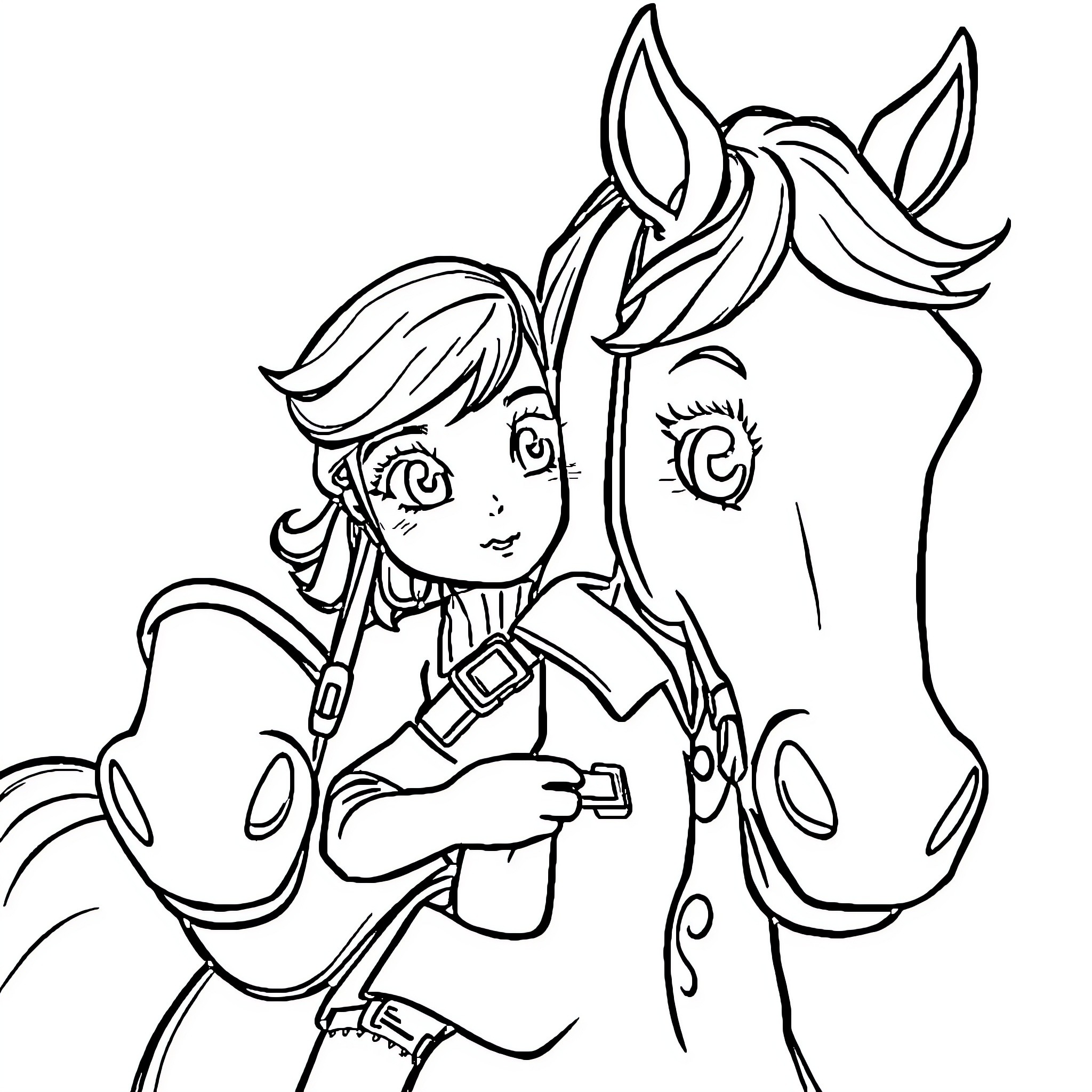 Girl hugging and riding a horse Coloring Page (free black-and-white line drawing printable PDF for all, from beginners to advanced learners, including children, teens, adults, and seniors)