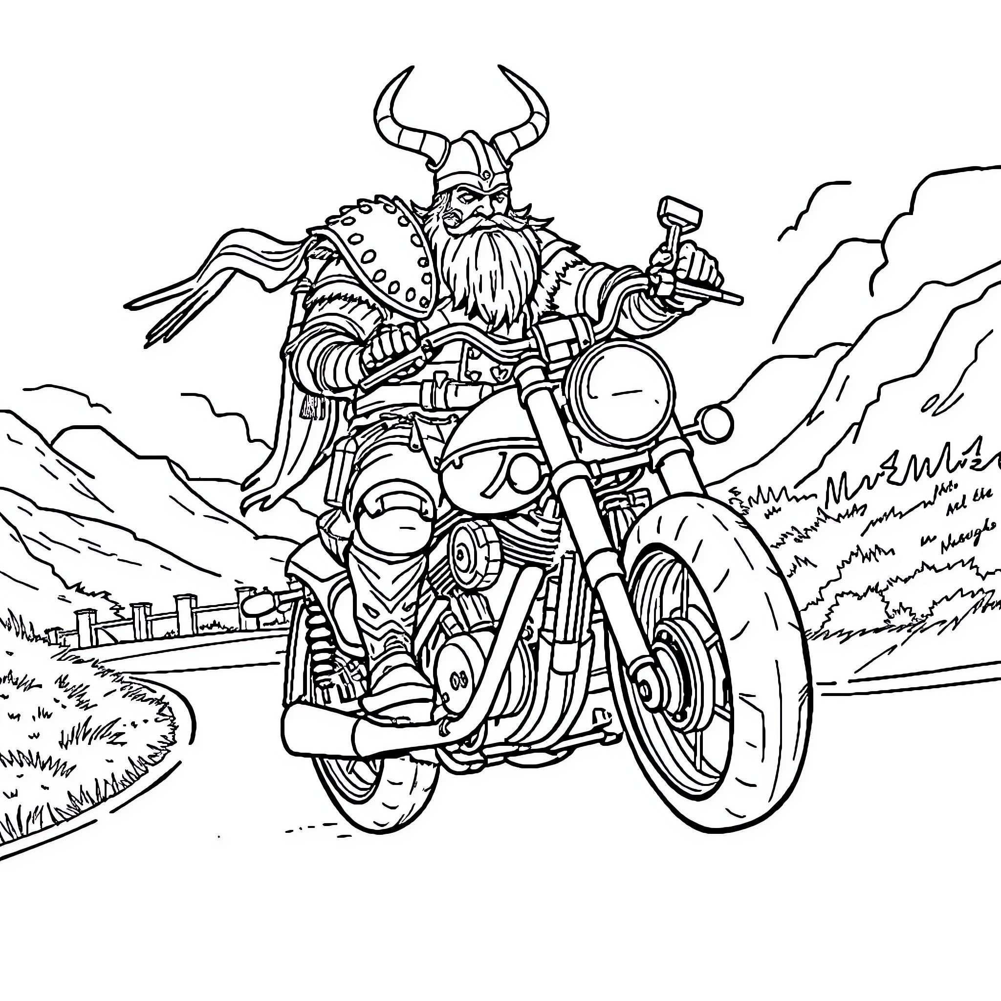 Viking Warrior Riding Motorcycle in Scenic Landscape Coloring Page (free black-and-white line drawing printable PDF for all, from beginners to advanced learners, including children, teens, adults, and seniors)
