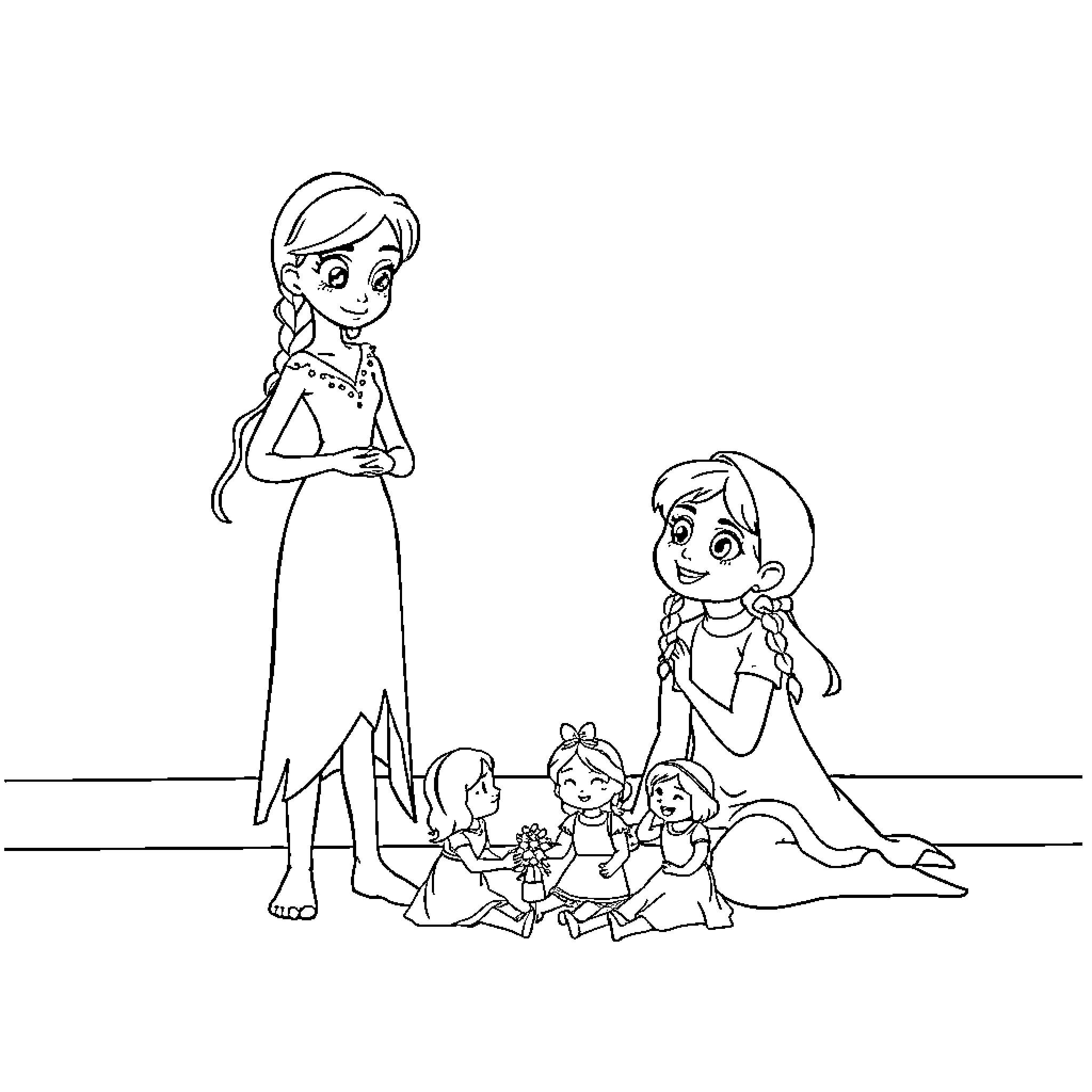 Doll sisters having fun together Coloring Page (free black-and-white line drawing printable PDF for all, from beginners to advanced learners, including children, teens, adults, and seniors)