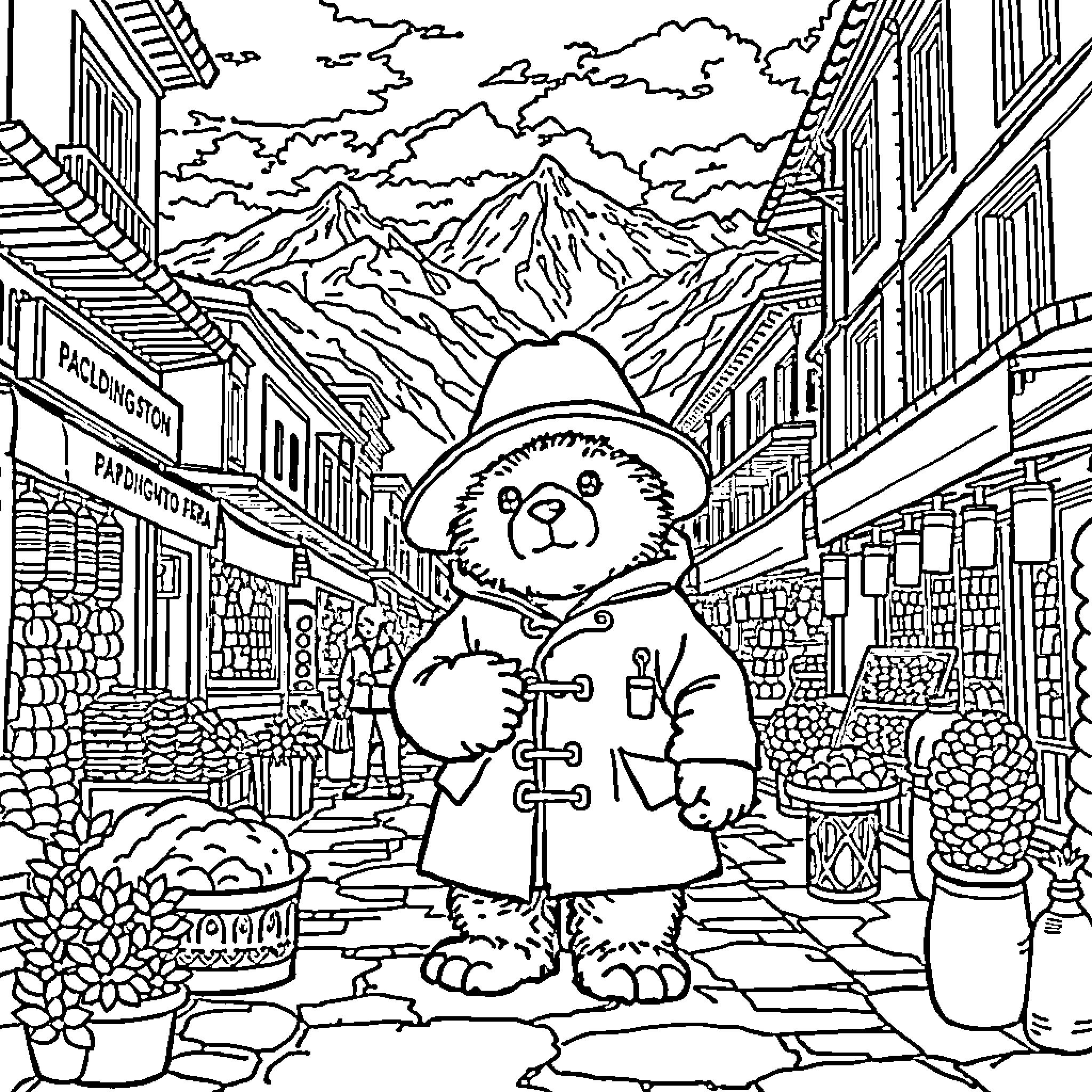 Paddington Bear Explores a Bustling Mountain Town Coloring Page (free black-and-white line drawing printable PDF for all, from beginners to advanced learners, including children, teens, adults, and seniors)