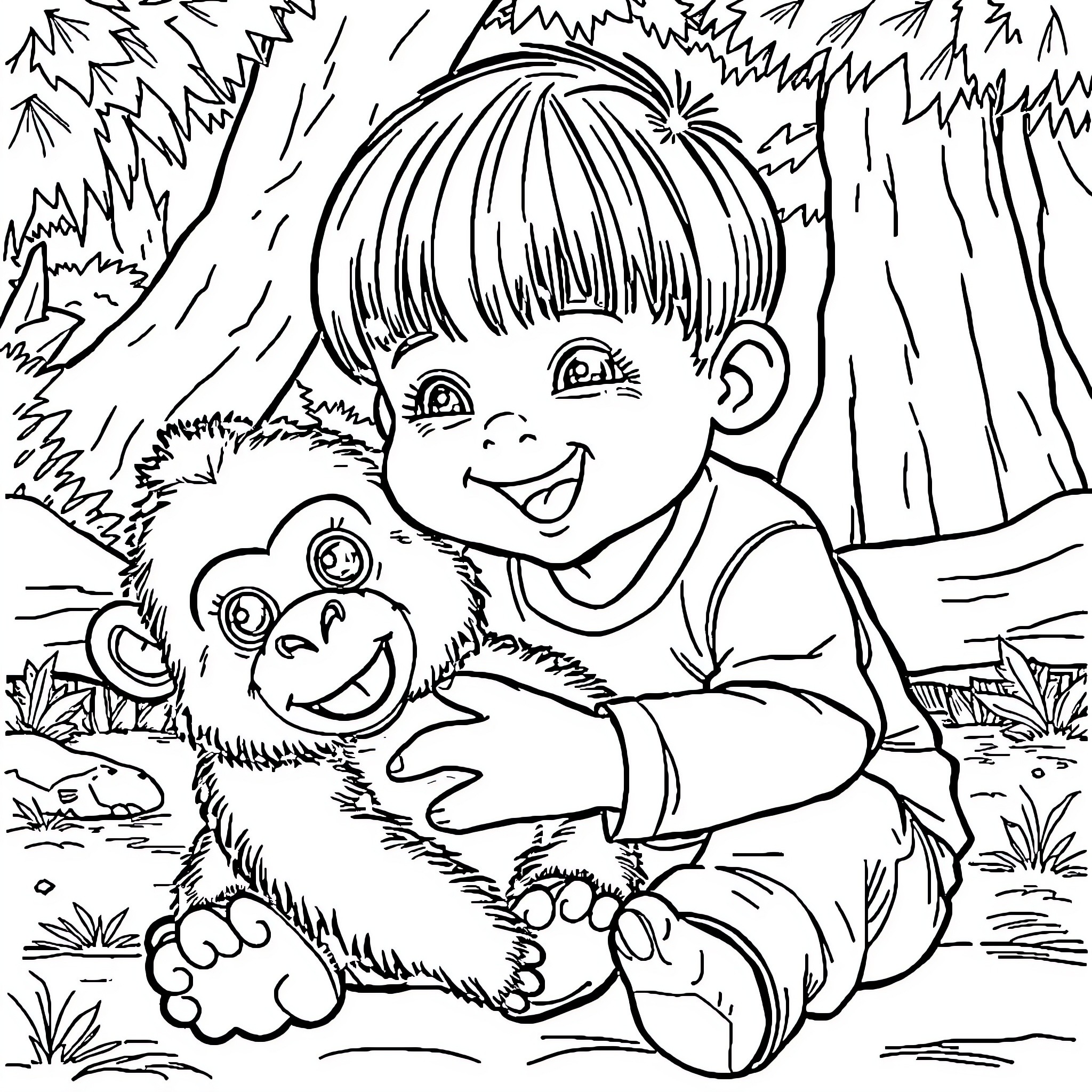 Gorilla and child playing together in the forest Coloring Page (free black-and-white line drawing printable PDF for all, from beginners to advanced learners, including children, teens, adults, and seniors)