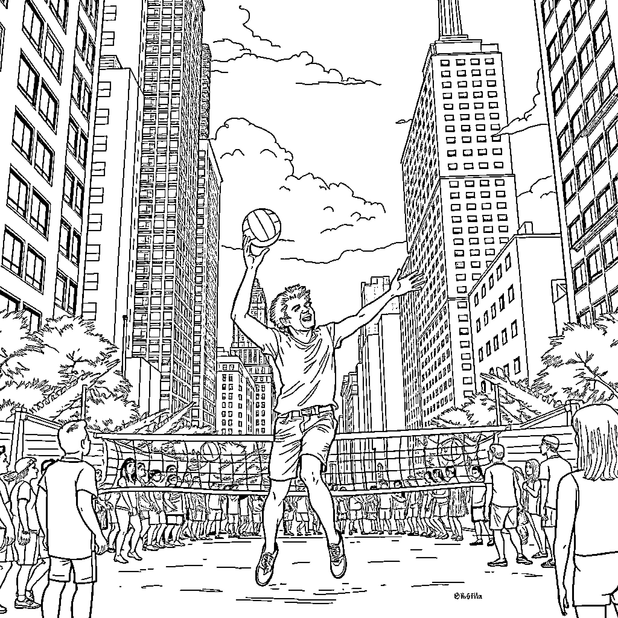 Howard Stern playing basketball in the city Coloring Page (free black-and-white line drawing printable PDF for all, from beginners to advanced learners, including children, teens, adults, and seniors)