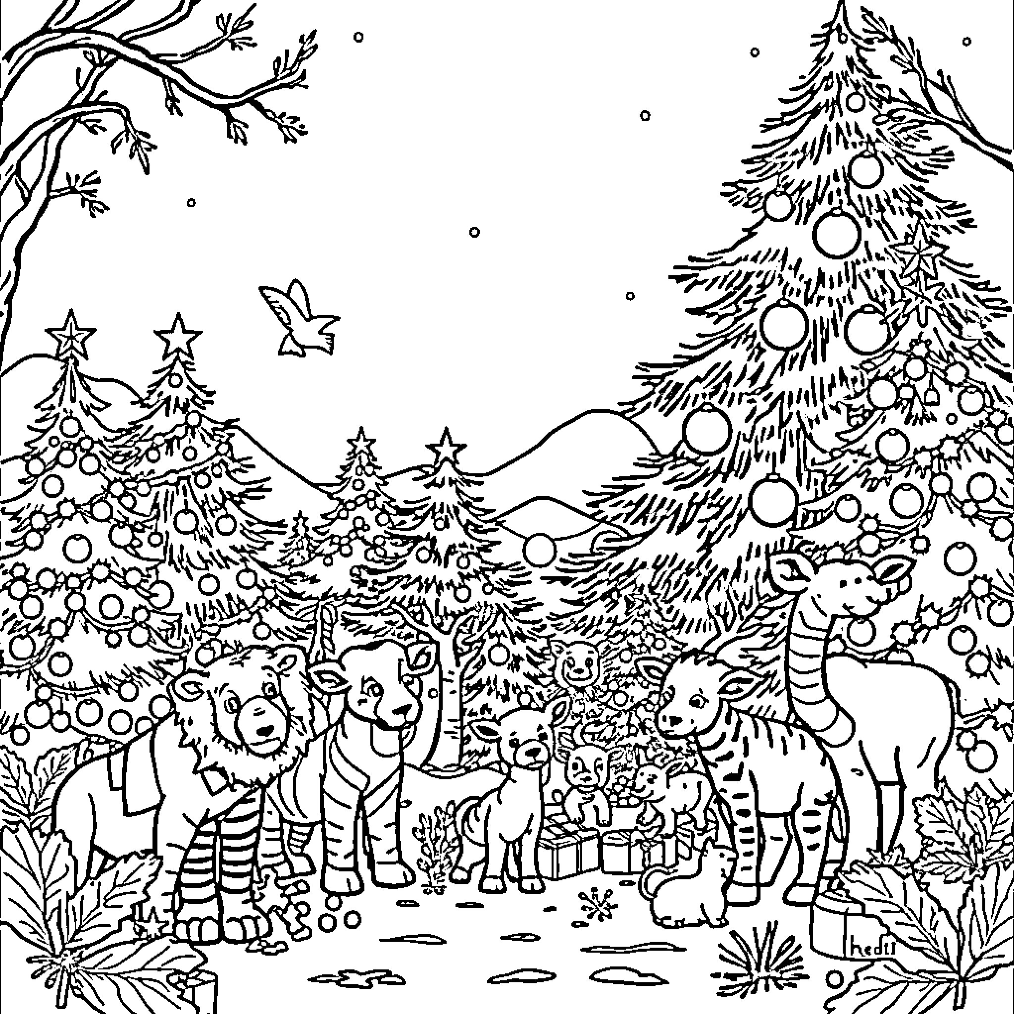 Safari wildlife animals in winter wonderland Coloring Page (free black-and-white line drawing printable PDF for all, from beginners to advanced learners, including children, teens, adults, and seniors)
