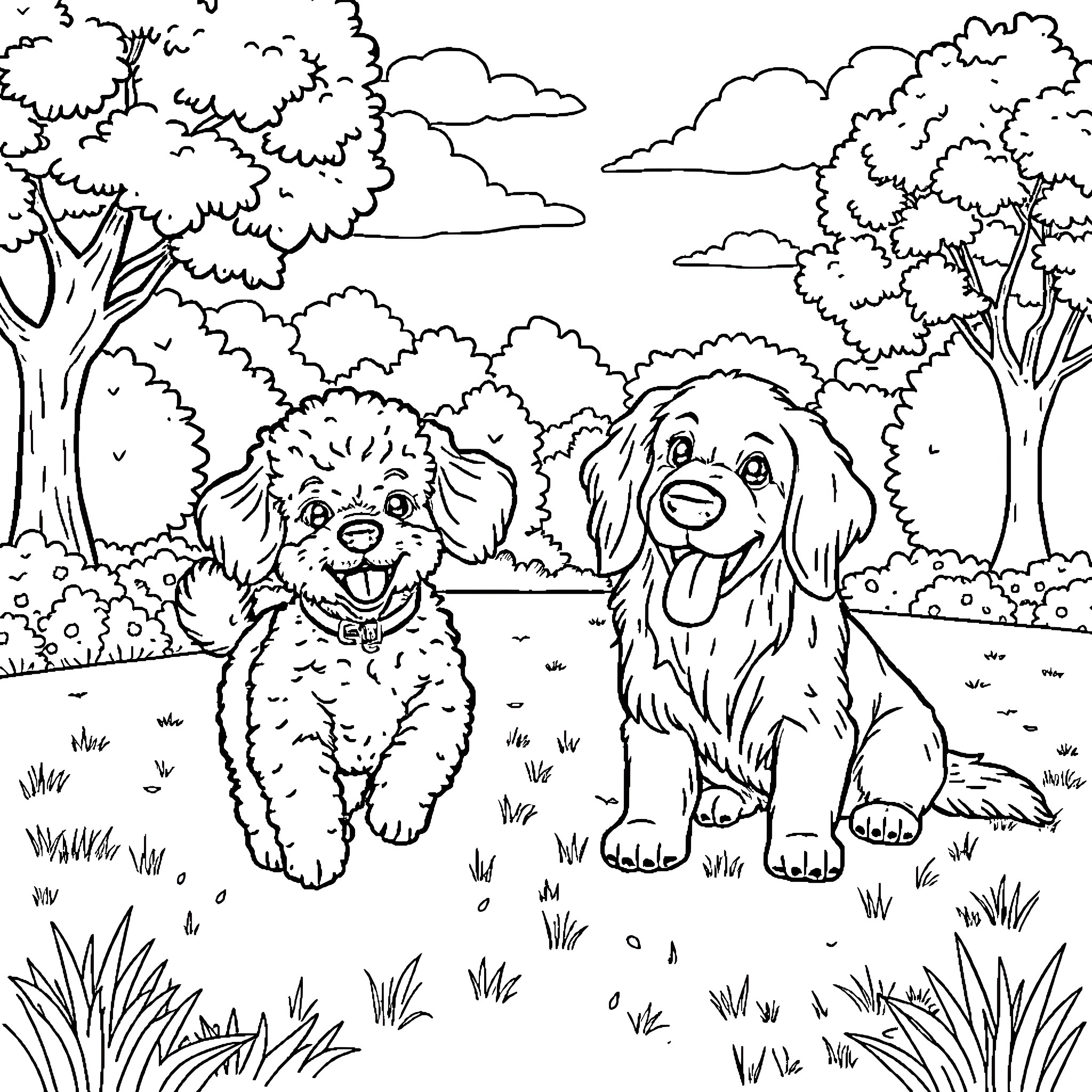 Poodle dogs playing happily in nature Coloring Page (free black-and-white line drawing printable PDF for all, from beginners to advanced learners, including children, teens, adults, and seniors)