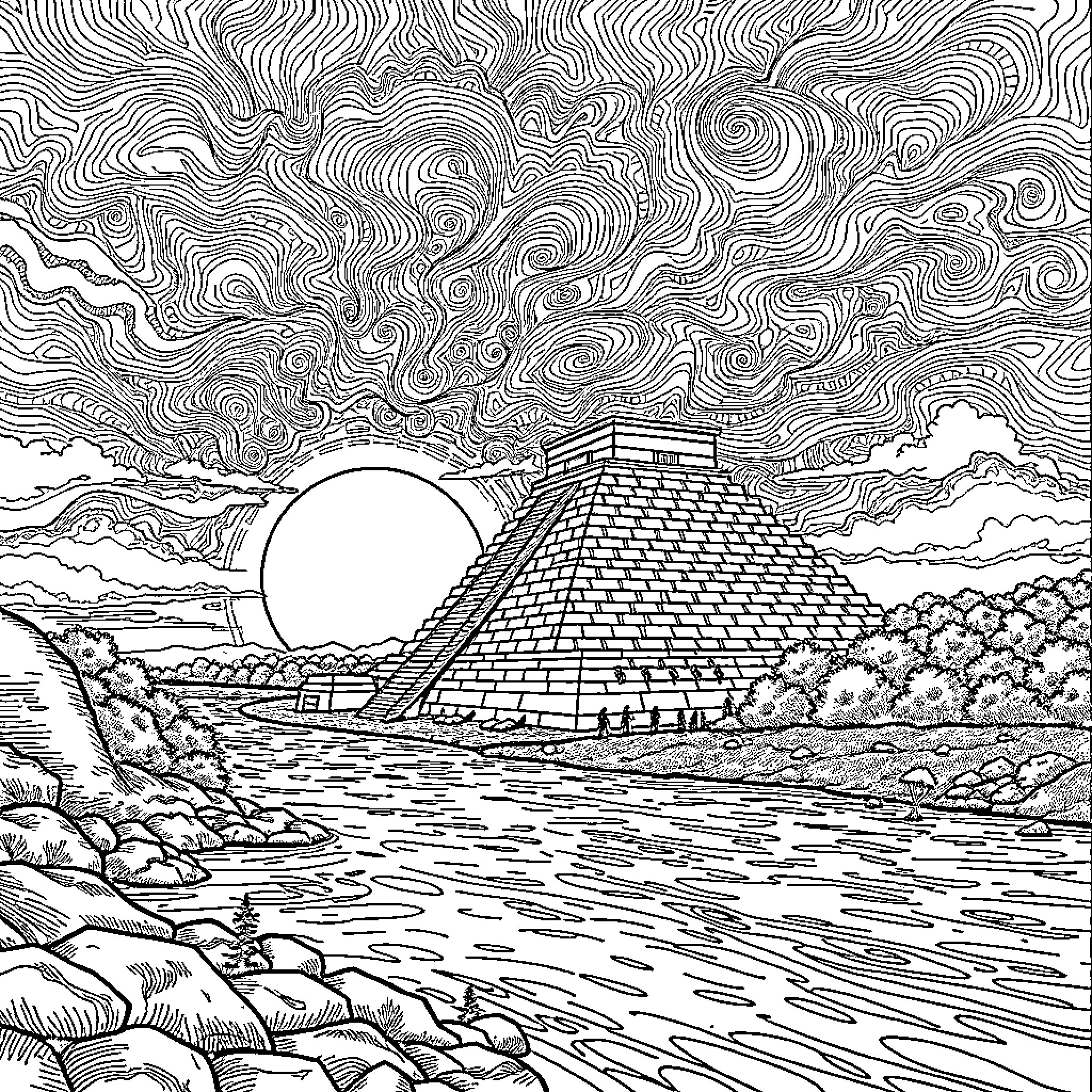 Pyramid overlooking a serene landscape Coloring Page (free black-and-white line drawing printable PDF for all, from beginners to advanced learners, including children, teens, adults, and seniors)