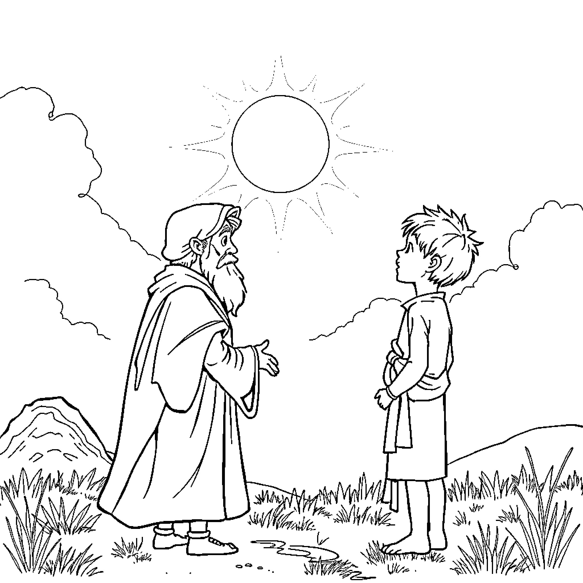 Boy in conversation with elderly figure under the sun Coloring Page (free black-and-white line drawing printable PDF for all, from beginners to advanced learners, including children, teens, adults, and seniors)