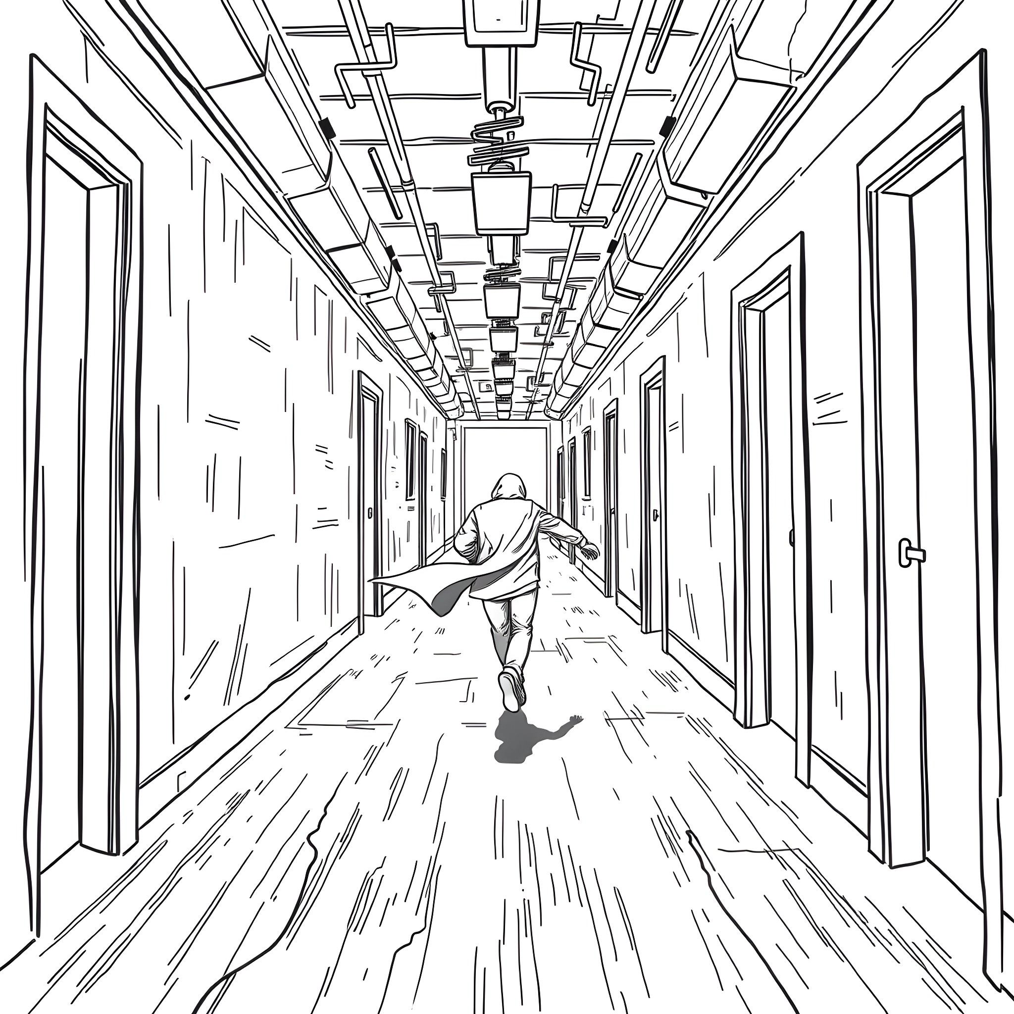 Person walking hastily through a long corridor Coloring Page (free black-and-white line drawing printable PDF for all, from beginners to advanced learners, including children, teens, adults, and seniors)