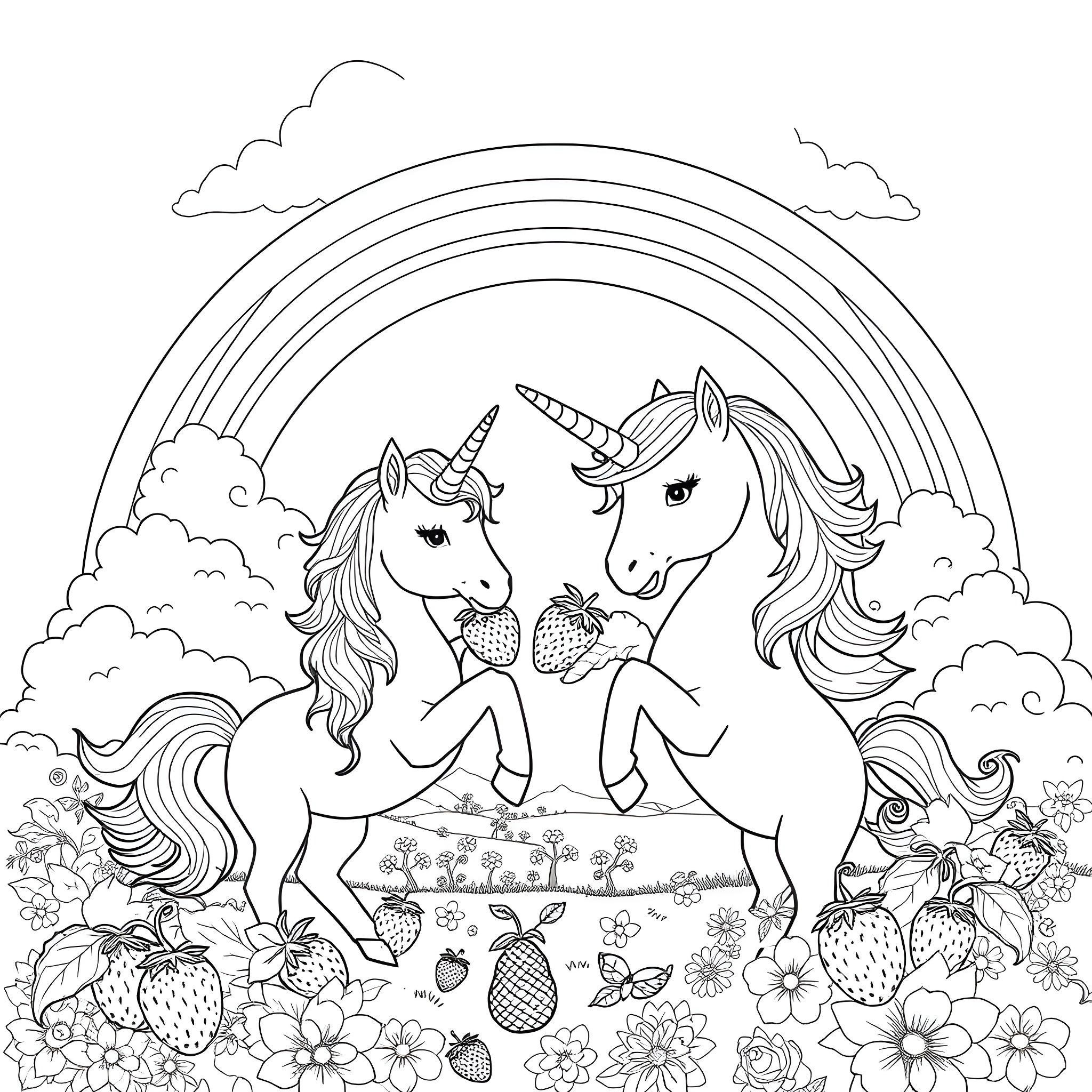 Unicorn Couple Surrounded by Flowers and Rainbows Coloring Page (free black-and-white line drawing printable PDF for all, from beginners to advanced learners, including children, teens, adults, and seniors)