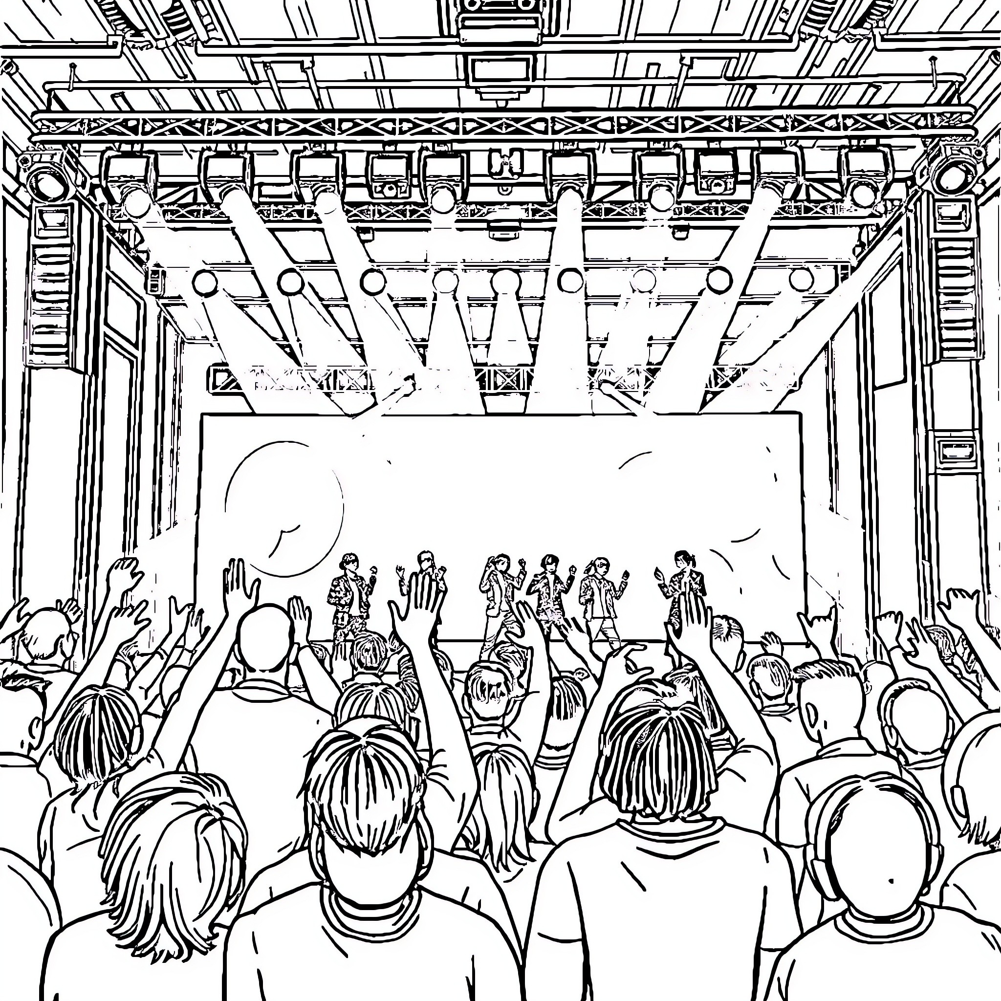 BTS Performing on Stage with Enthusiastic Crowd Coloring Page (free black-and-white line drawing printable PDF for all, from beginners to advanced learners, including children, teens, adults, and seniors)