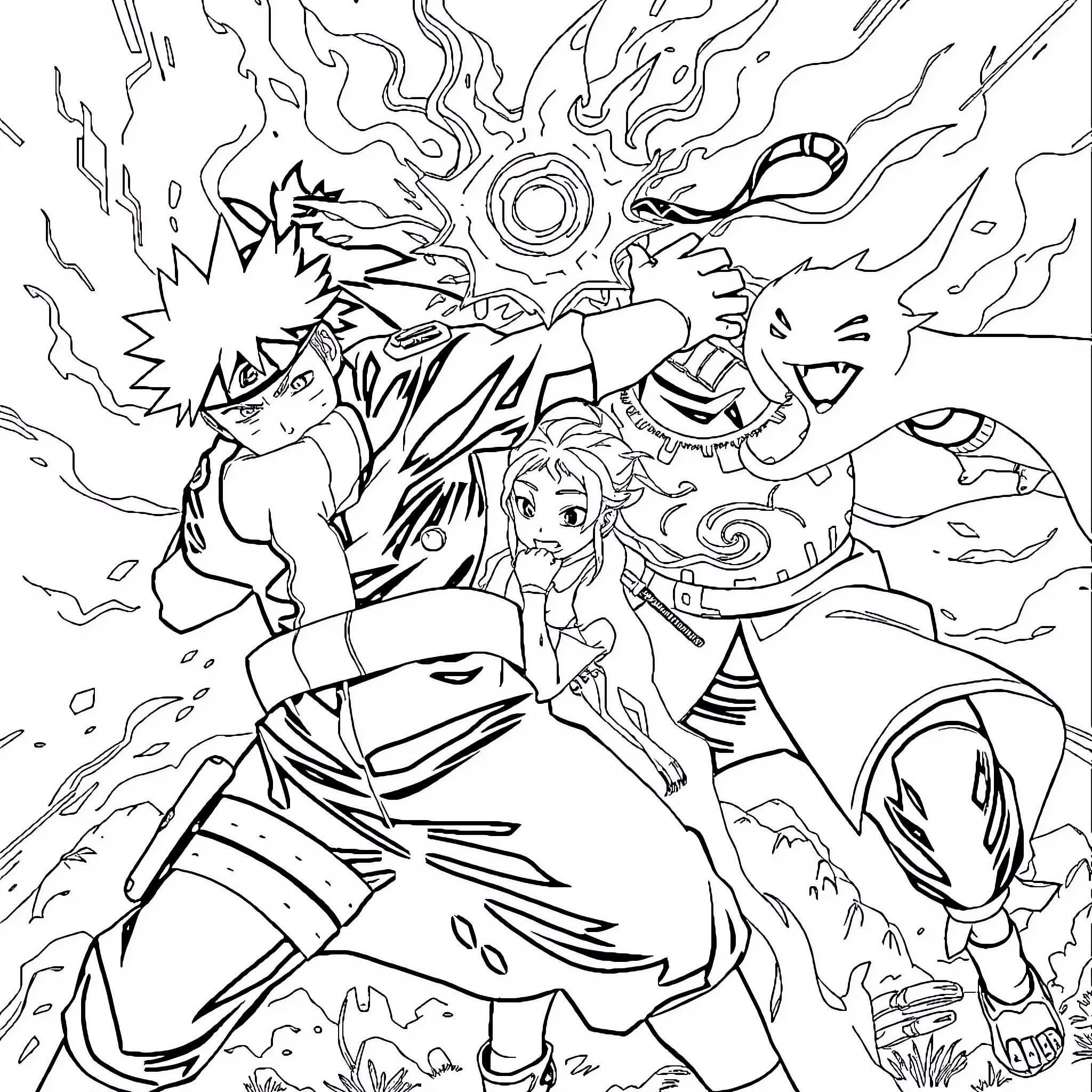 Naruto characters in epic battle scene Coloring Page (free black-and-white line drawing printable PDF for all, from beginners to advanced learners, including children, teens, adults, and seniors)