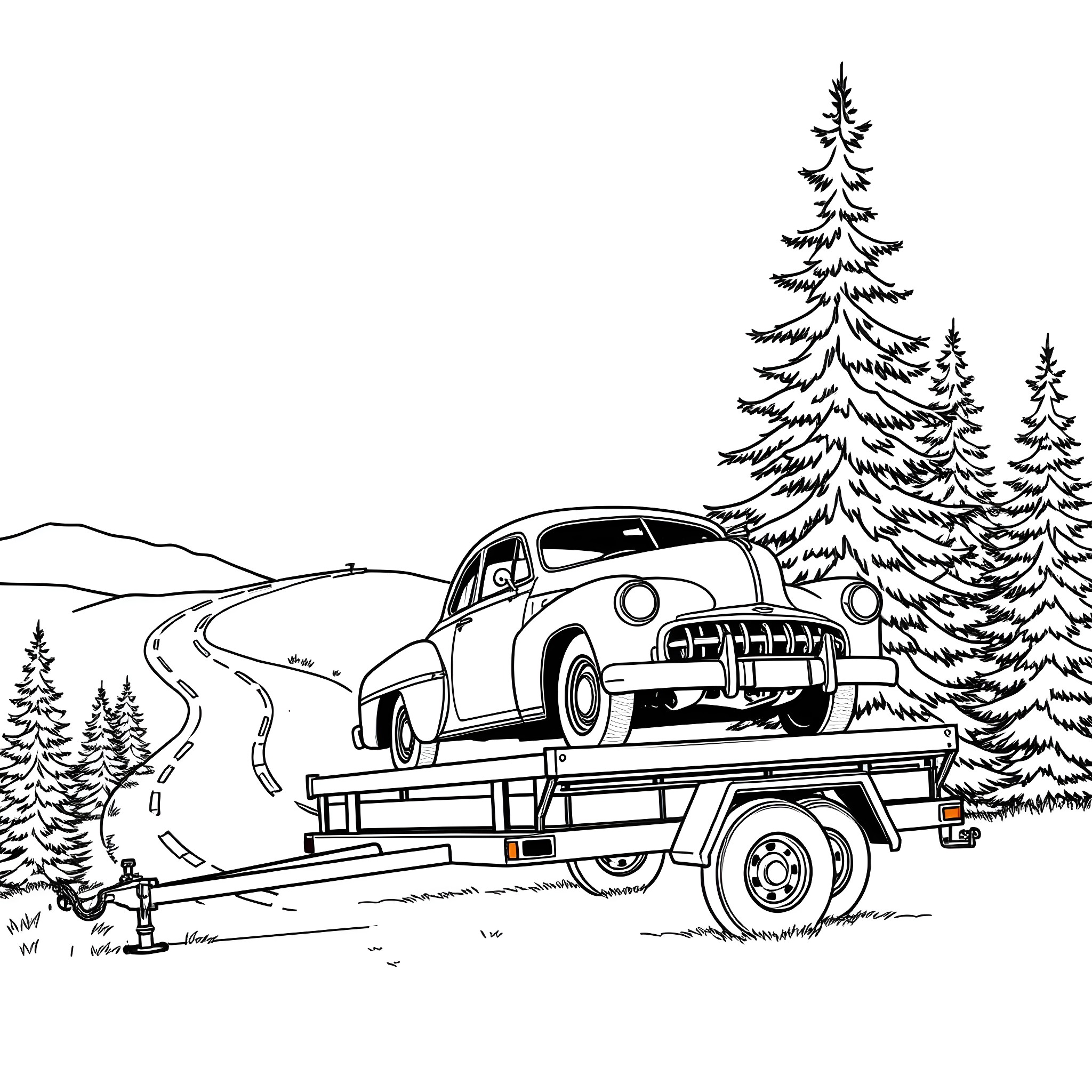 Car towing another car on snowy road in forest Coloring Page (free black-and-white line drawing printable PDF for all, from beginners to advanced learners, including children, teens, adults, and seniors)