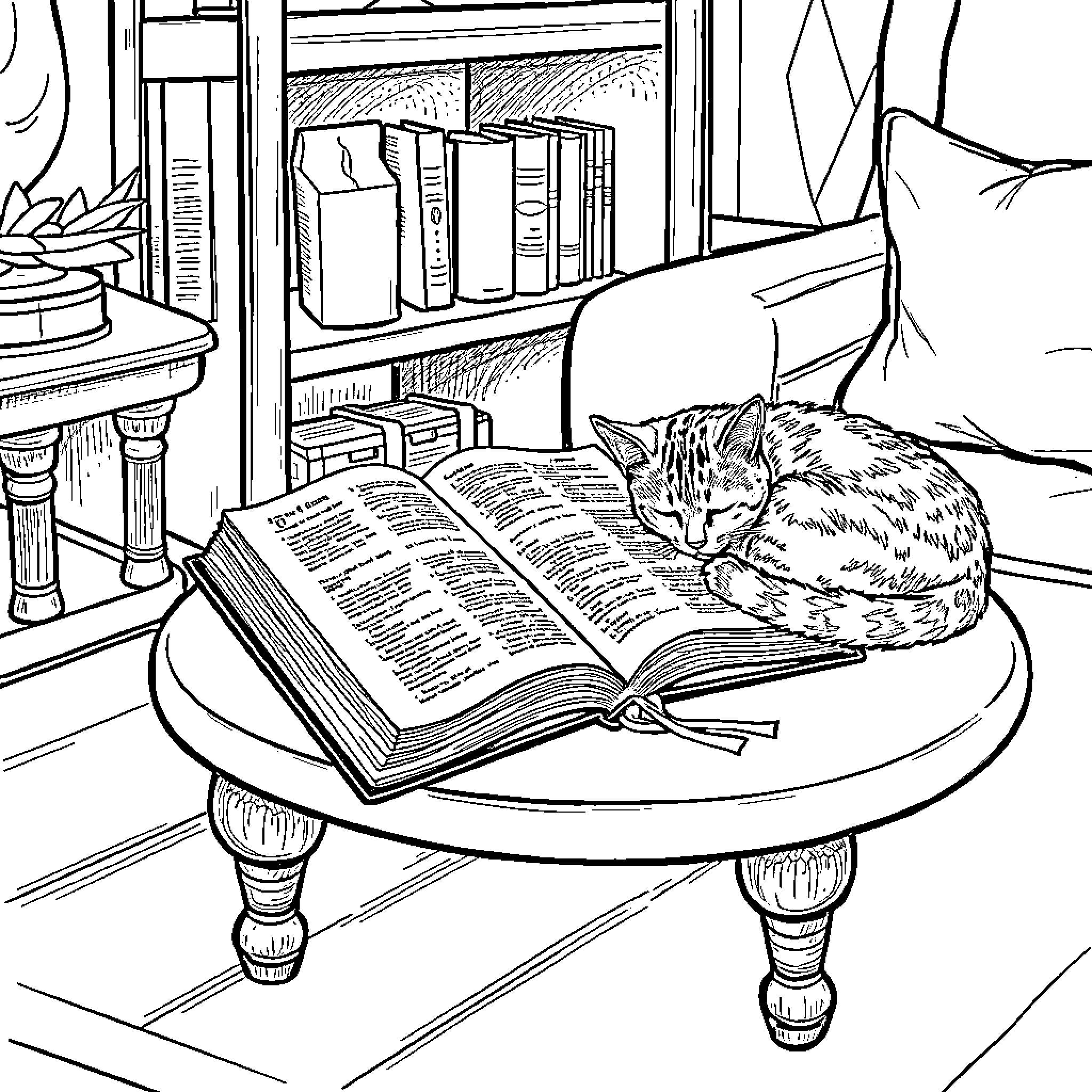 Bible study with a curious feline companion Coloring Page (free black-and-white line drawing printable PDF for all, from beginners to advanced learners, including children, teens, adults, and seniors)