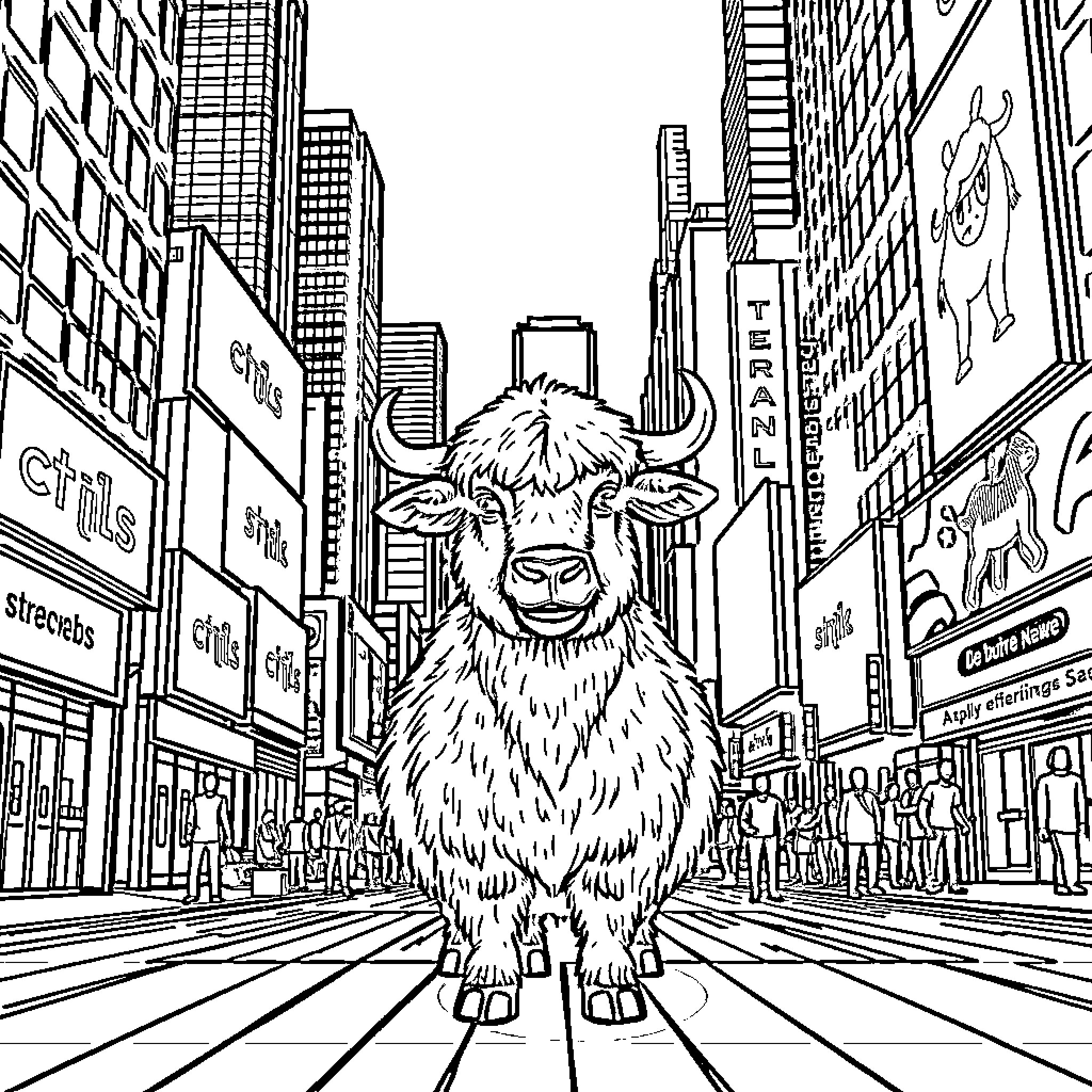 Yak exploring the vibrant city streets Coloring Page (free black-and-white line drawing printable PDF for all, from beginners to advanced learners, including children, teens, adults, and seniors)