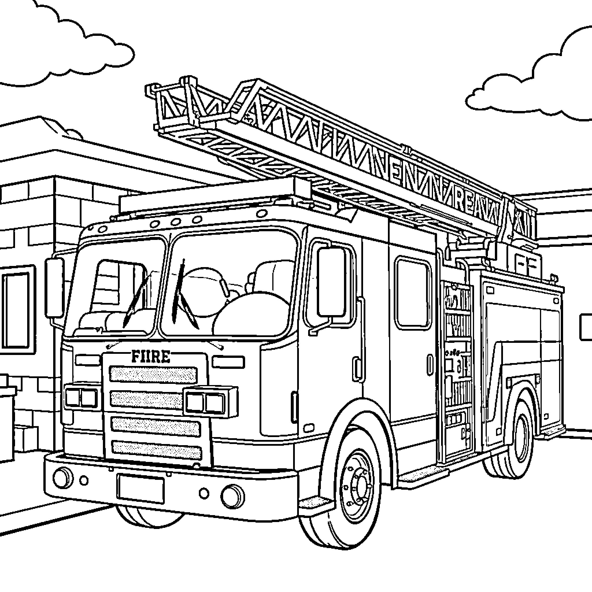 Firetruck responding to an emergency call Coloring Page (free black-and-white line drawing printable PDF for all, from beginners to advanced learners, including children, teens, adults, and seniors)