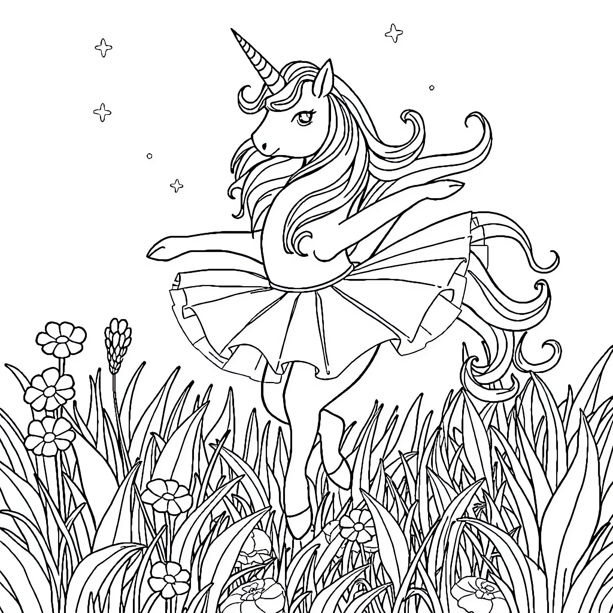 Unicorn dancing gracefully in a magical meadow Coloring Page (free black-and-white line drawing printable PDF for all, from beginners to advanced learners, including children, teens, adults, and seniors)