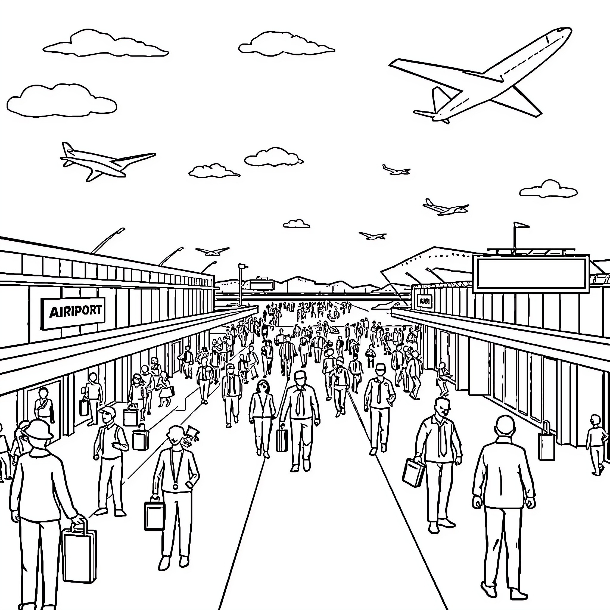 Airport Hustle and Bustle of Travelers Coloring Page (free black-and-white line drawing printable PDF for all, from beginners to advanced learners, including children, teens, adults, and seniors)