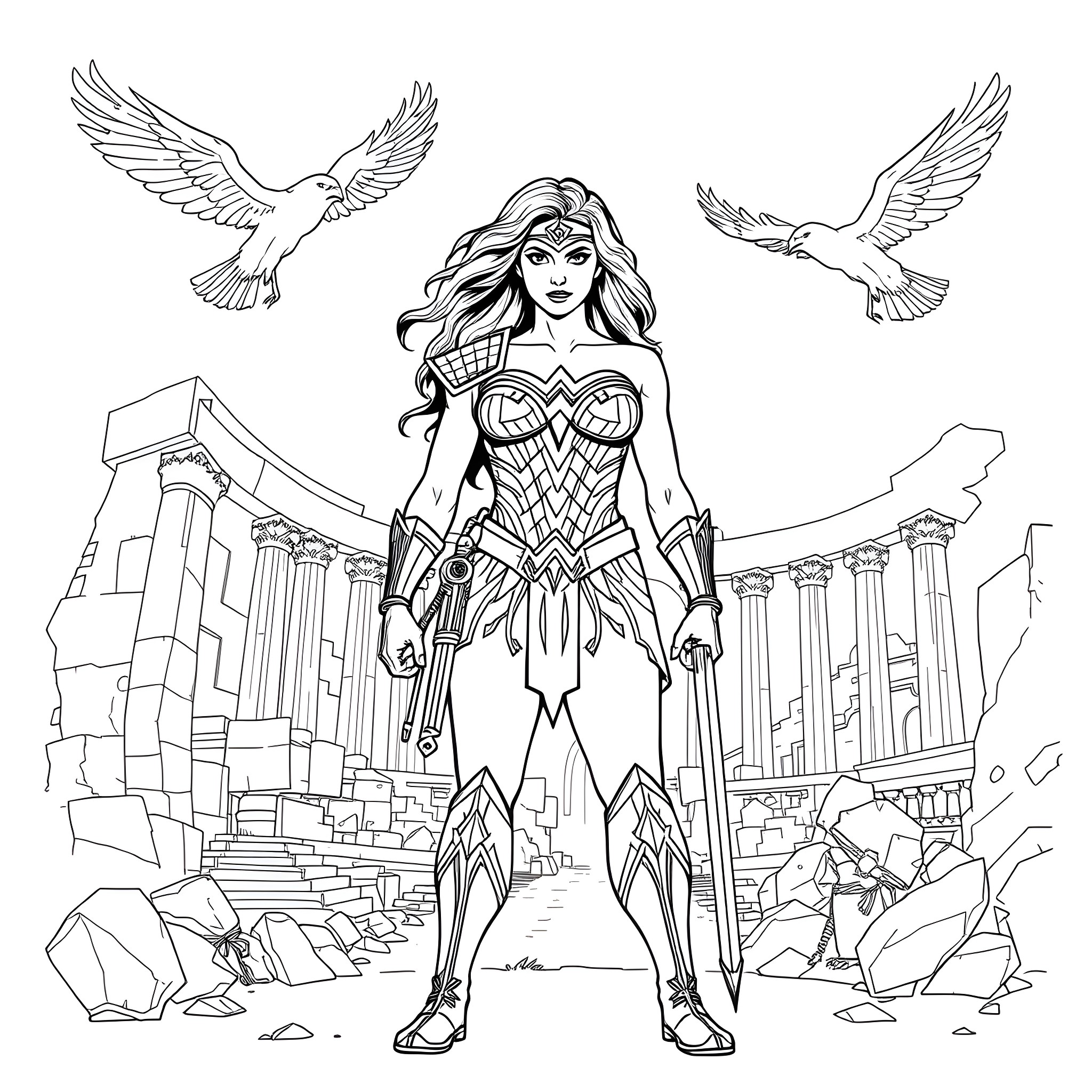 Wonder Woman standing heroically in an ancient ruin Coloring Page (free black-and-white line drawing printable PDF for all, from beginners to advanced learners, including children, teens, adults, and seniors)