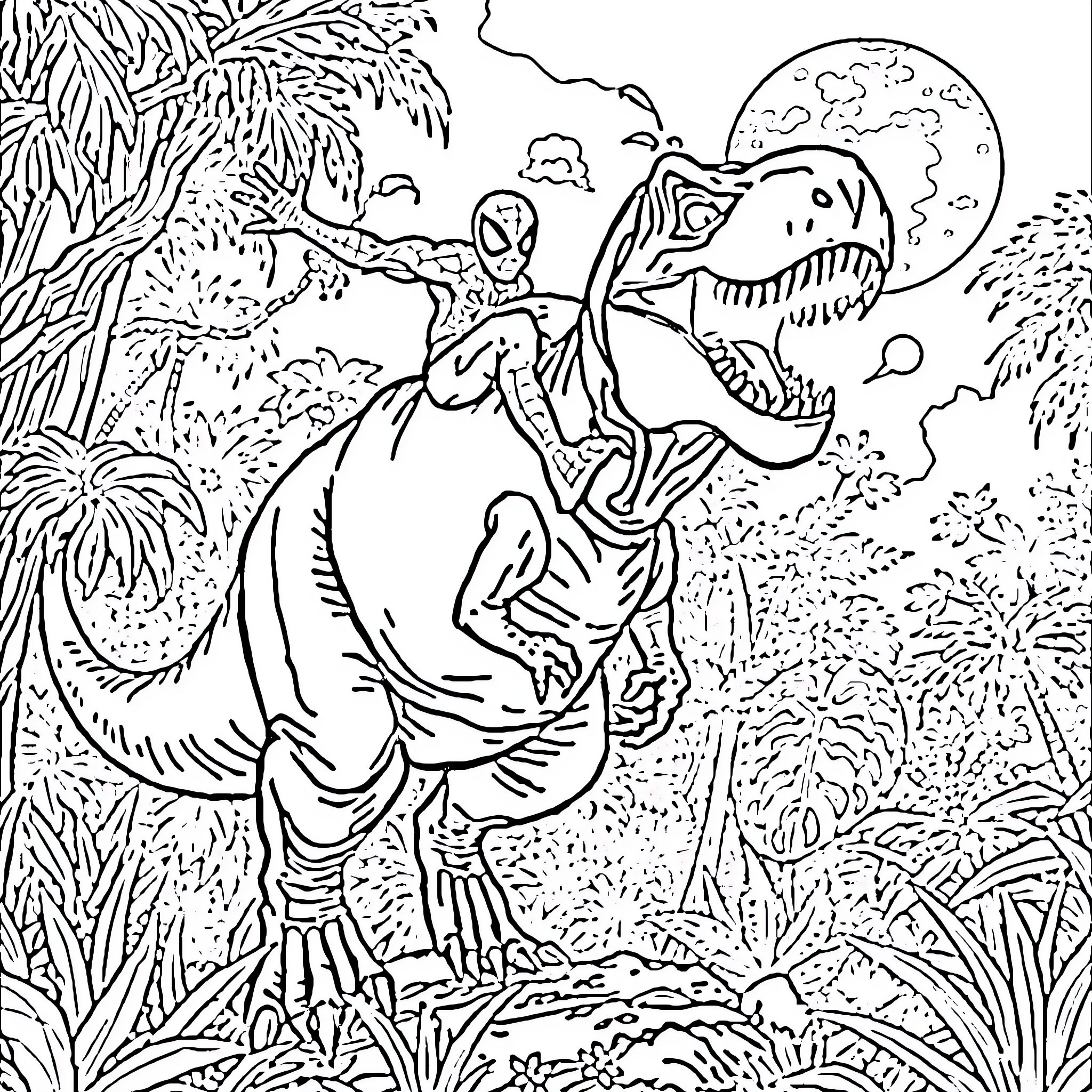 Spiderman swinging through a prehistoric jungle Coloring Page (free black-and-white line drawing printable PDF for all, from beginners to advanced learners, including children, teens, adults, and seniors)