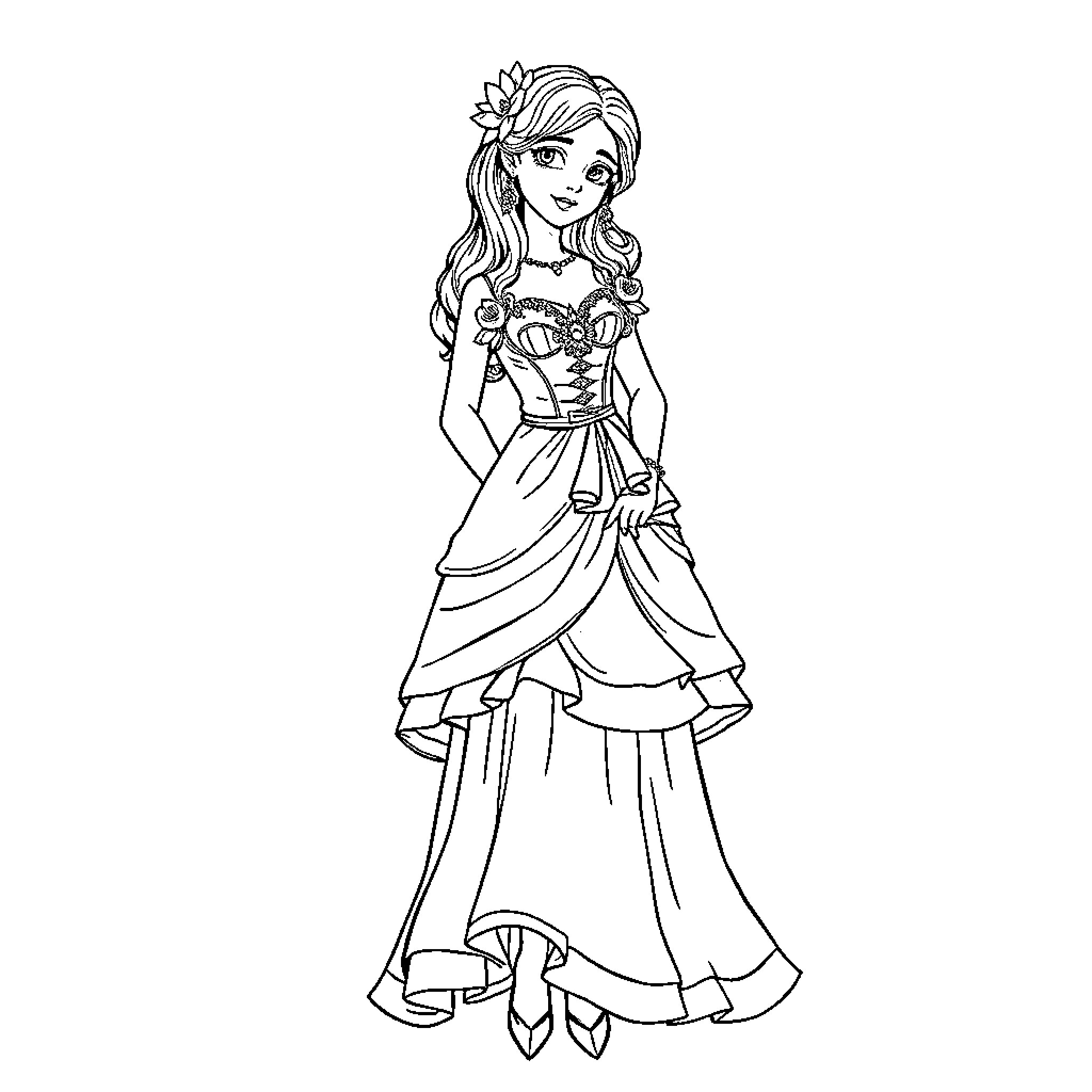 Dominiqu Torretto's Elegant Ballroom Attire Coloring Page (free black-and-white line drawing printable PDF for all, from beginners to advanced learners, including children, teens, adults, and seniors)