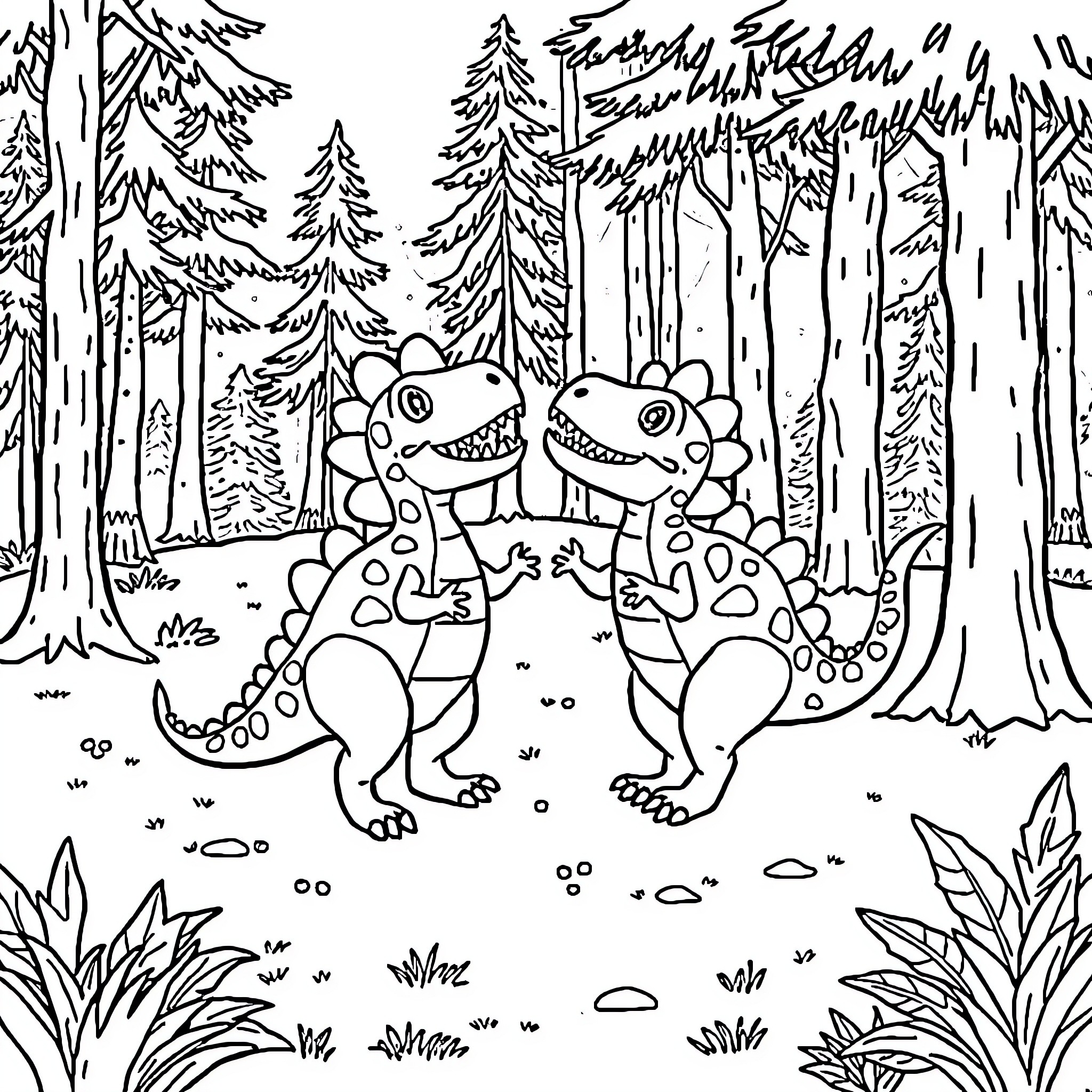 Dinosaurs playing cheerfully in the forest Coloring Page (free black-and-white line drawing printable PDF for all, from beginners to advanced learners, including children, teens, adults, and seniors)