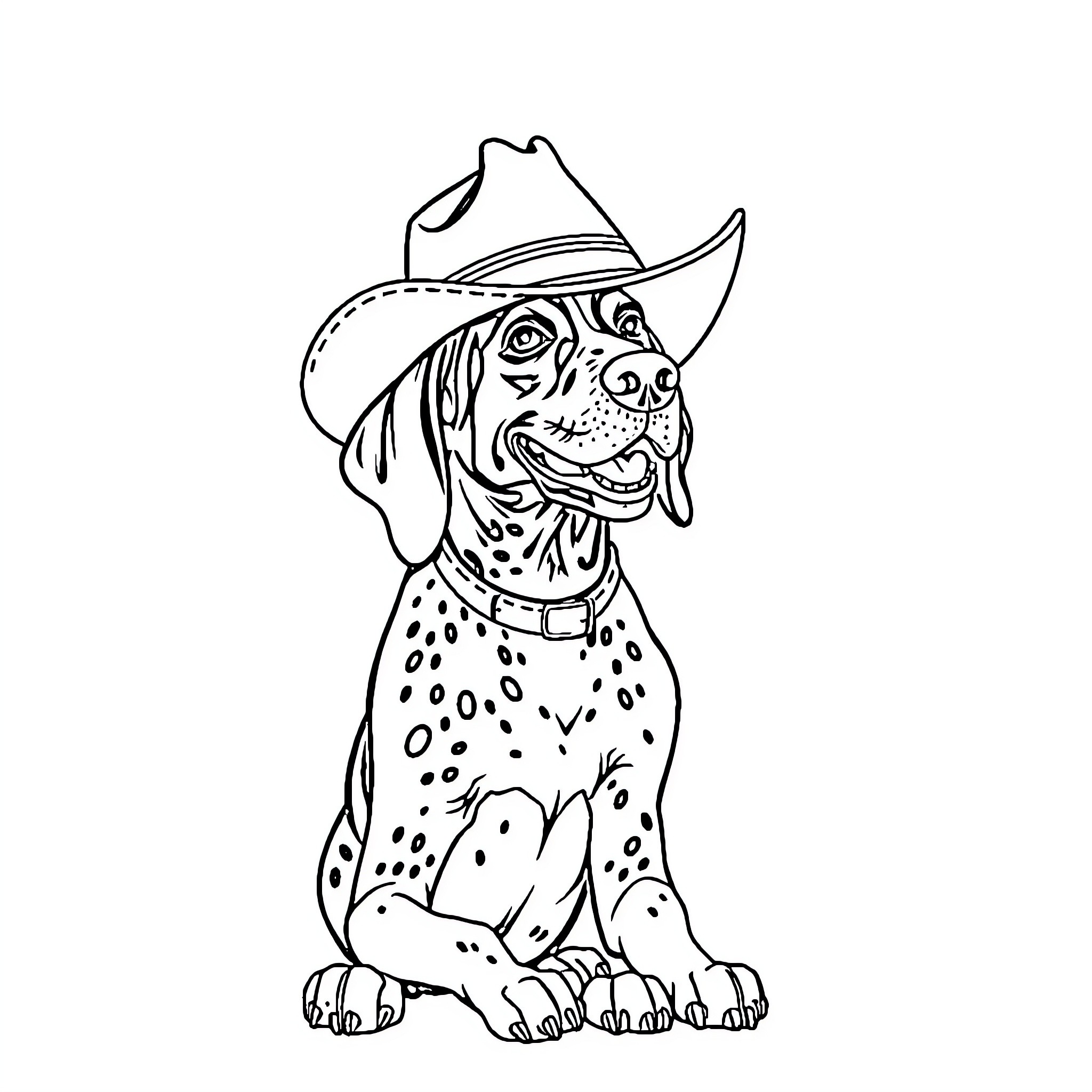 German Shorthaired Pointer wearing a cowboy hat Coloring Page (free black-and-white line drawing printable PDF for all, from beginners to advanced learners, including children, teens, adults, and seniors)