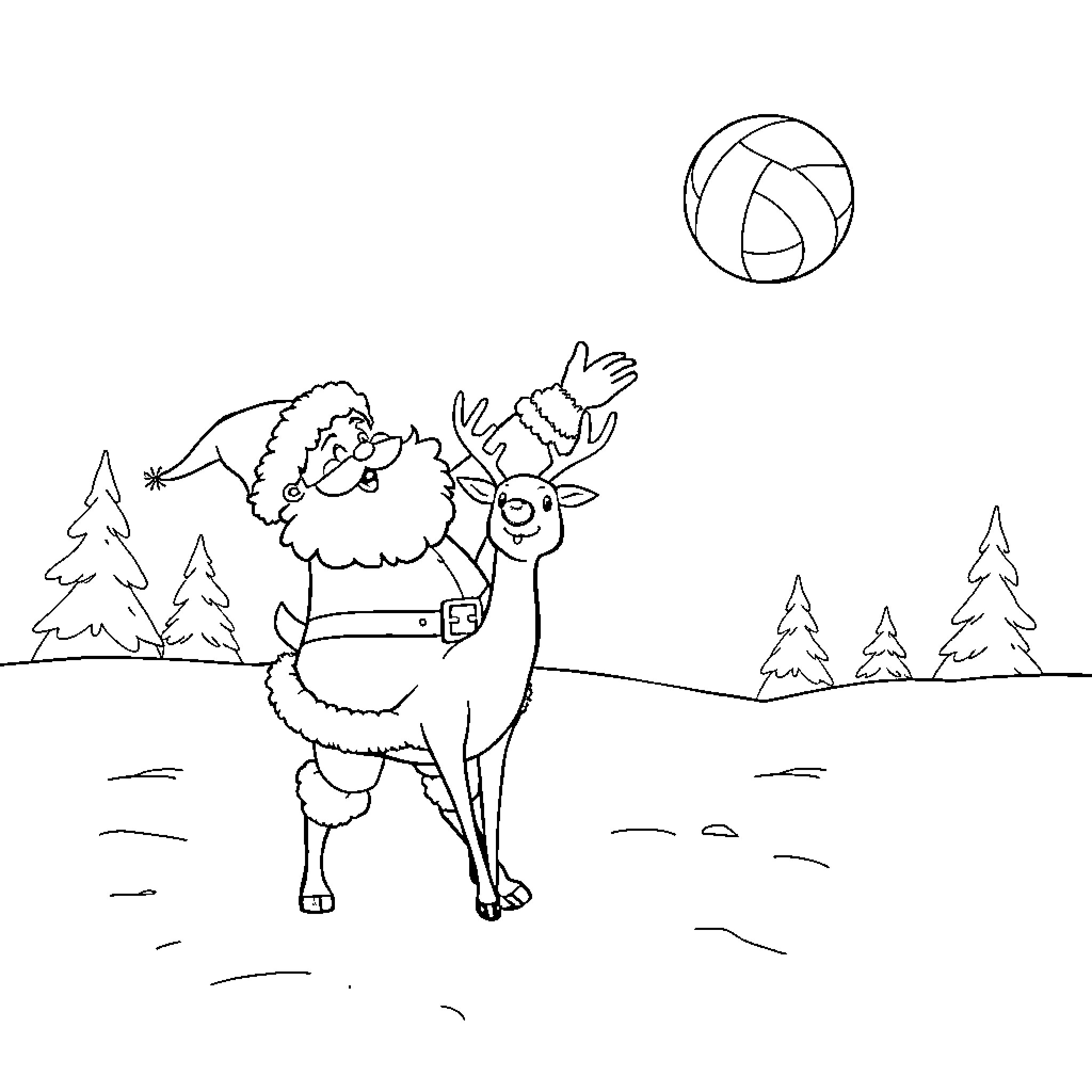 Santa playing volleyball with reindeer in winter wonderland Coloring Page (free black-and-white line drawing printable PDF for all, from beginners to advanced learners, including children, teens, adults, and seniors)