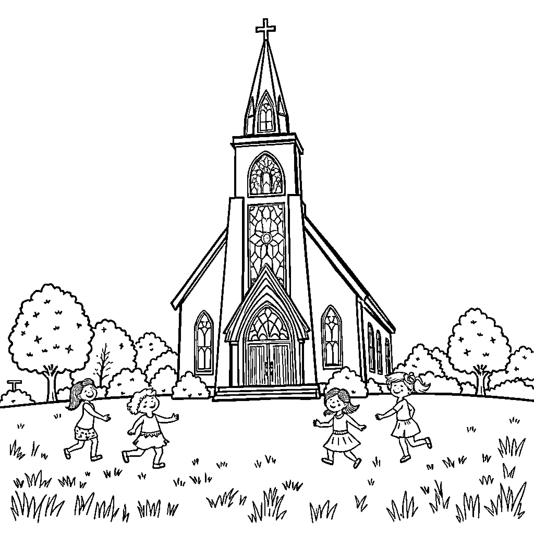 Church with children playing joyfully on the lawn Coloring Page (free black-and-white line drawing printable PDF for all, from beginners to advanced learners, including children, teens, adults, and seniors)
