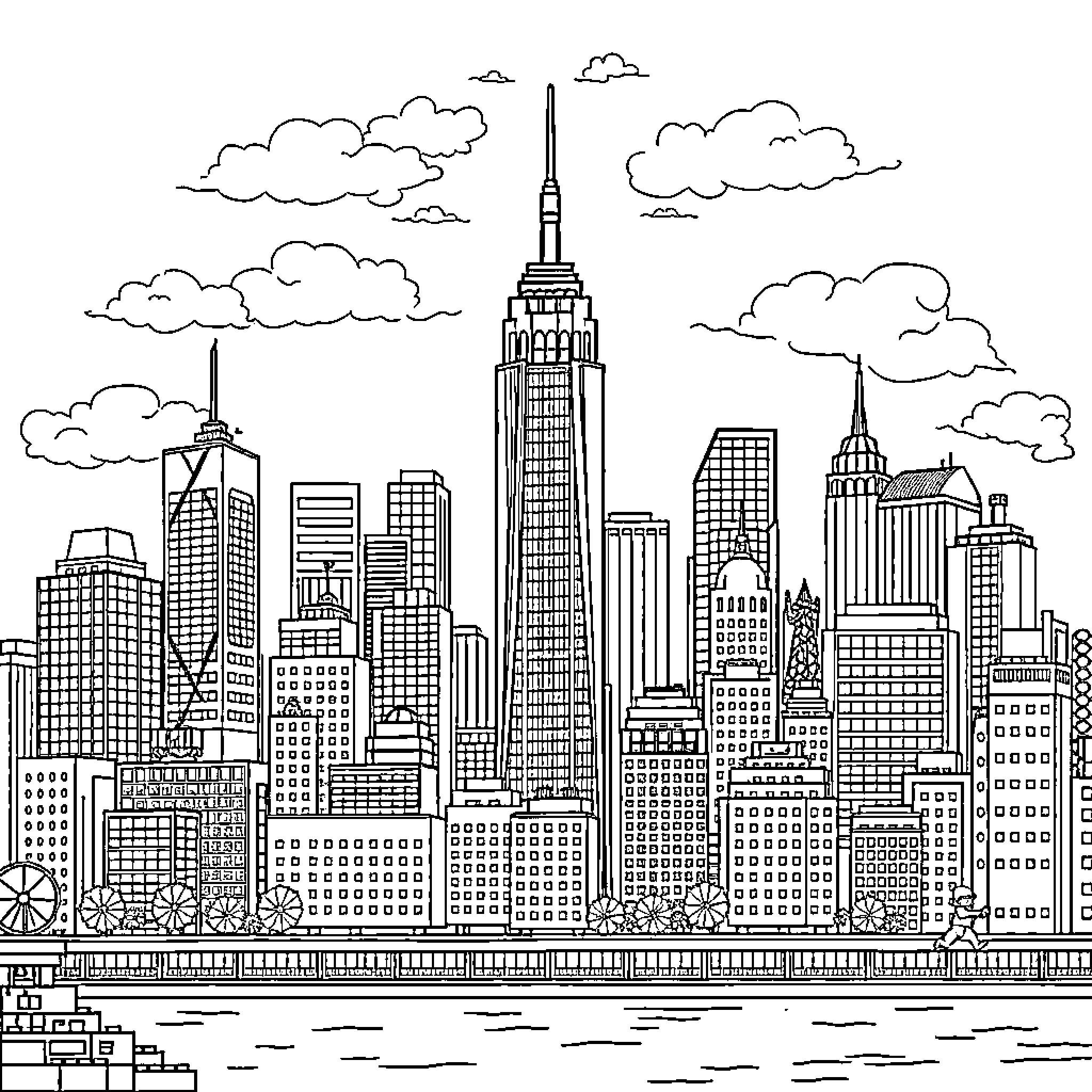 New York City skyline with towering skyscrapers and bustling streets Coloring Page (free black-and-white line drawing printable PDF for all, from beginners to advanced learners, including children, teens, adults, and seniors)