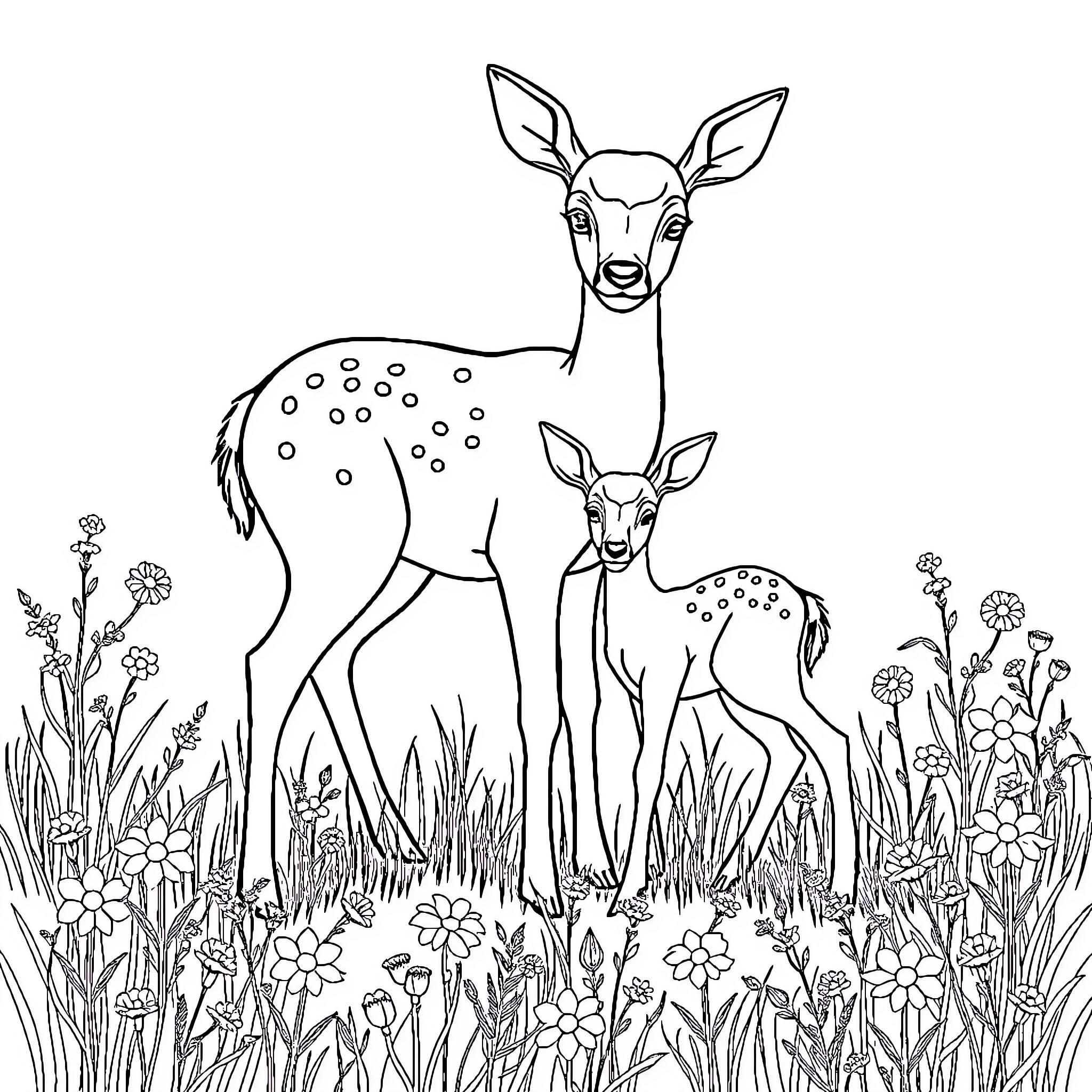 Deer and fawns amid flowers and greenery Coloring Page (free black-and-white line drawing printable PDF for all, from beginners to advanced learners, including children, teens, adults, and seniors)