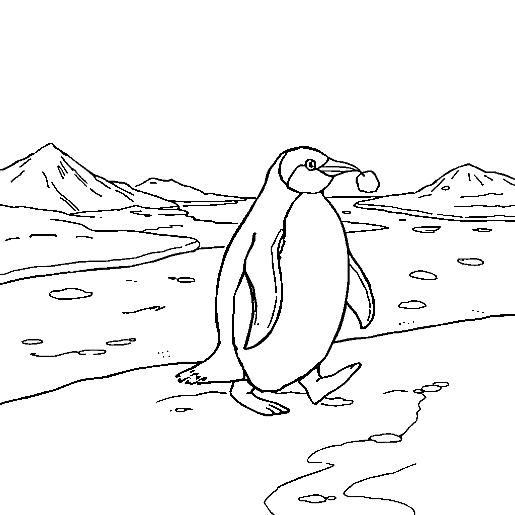Penguin standing on icy landscape Coloring Page (free black-and-white line drawing printable PDF for all, from beginners to advanced learners, including children, teens, adults, and seniors)