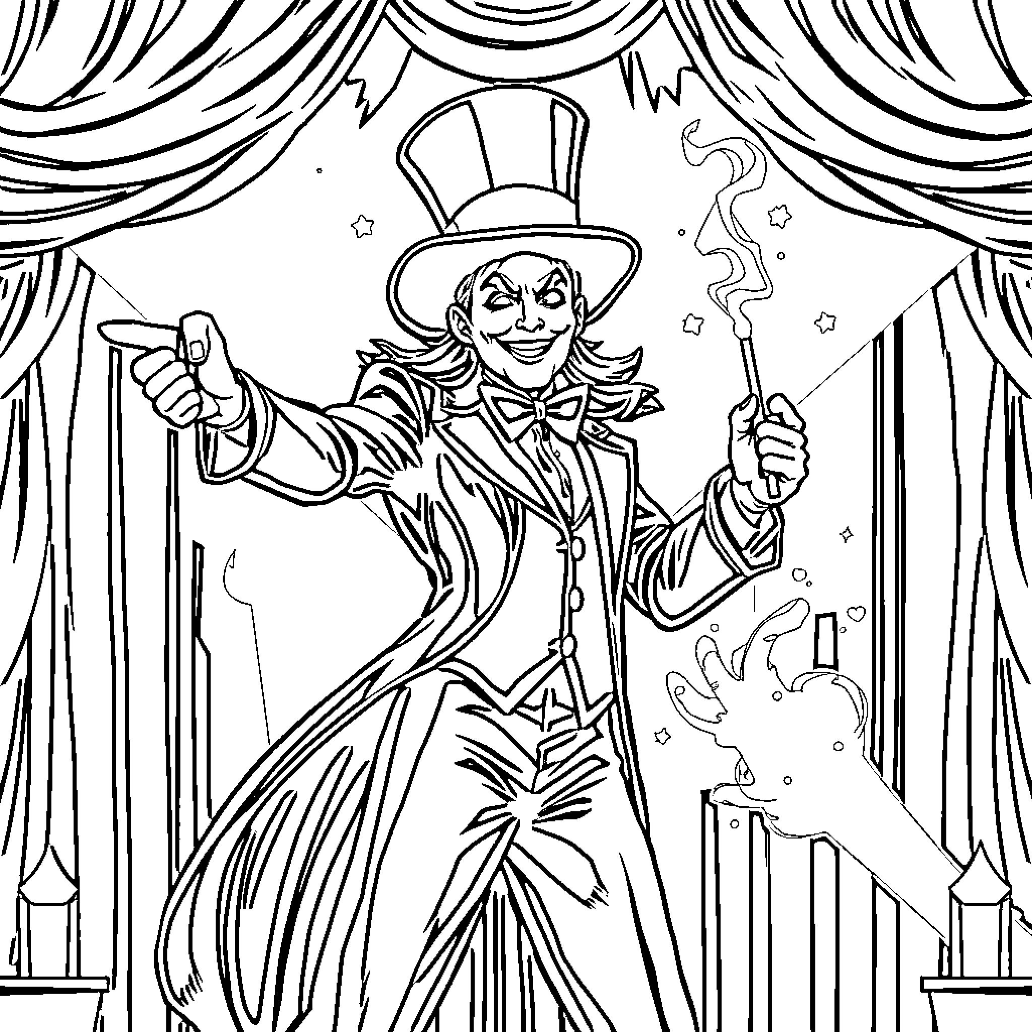 Zatanna performs magical tricks on stage Coloring Page (free black-and-white line drawing printable PDF for all, from beginners to advanced learners, including children, teens, adults, and seniors)