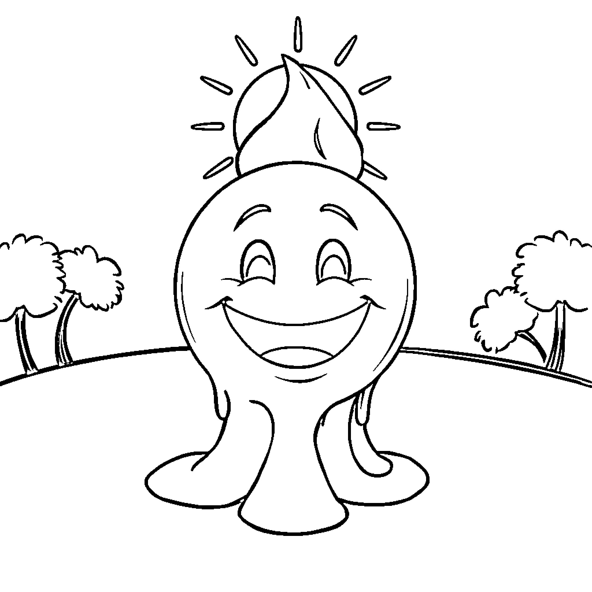Smiley Face Character in Outdoor Scenery Coloring Page (free black-and-white line drawing printable PDF for all, from beginners to advanced learners, including children, teens, adults, and seniors)