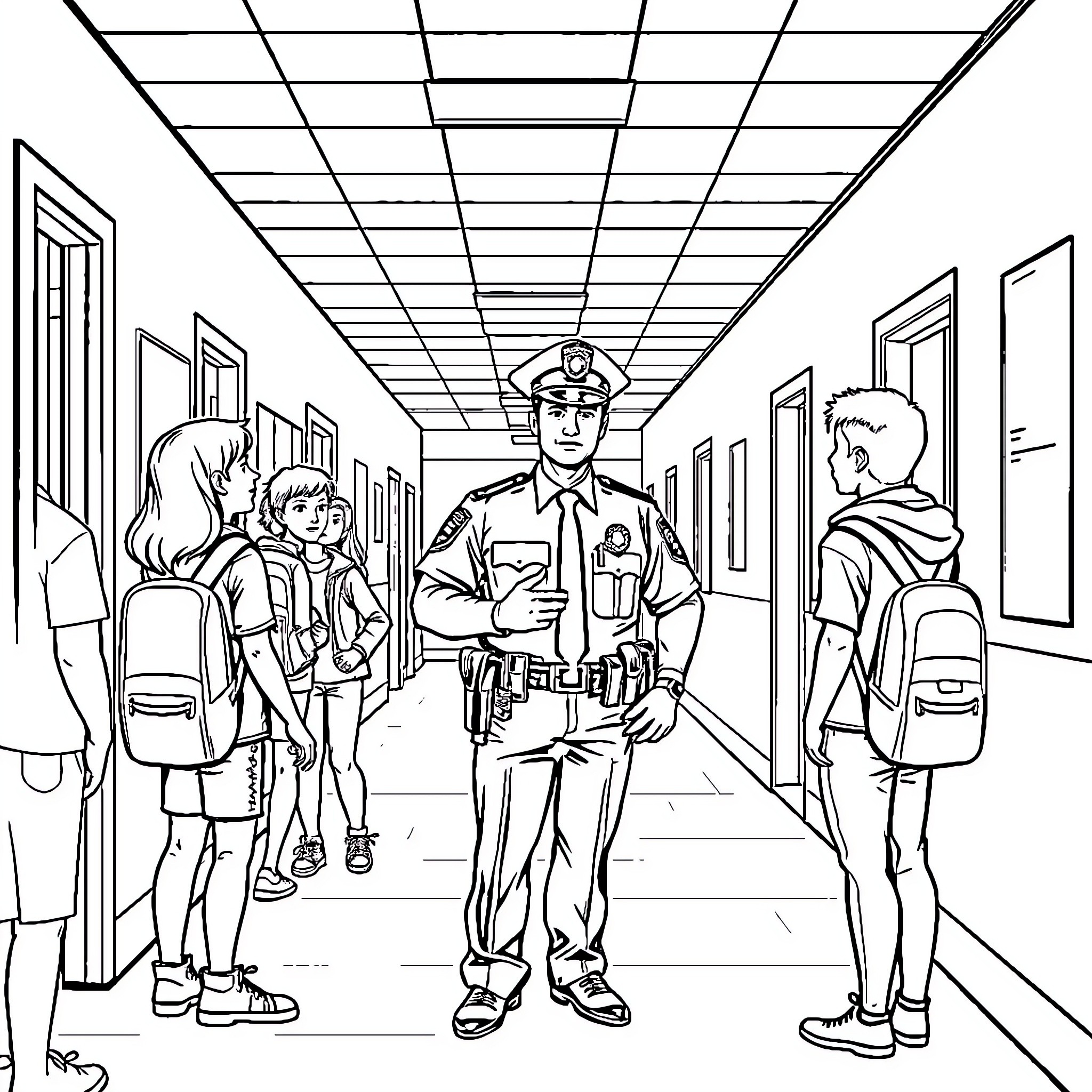 Police Officer Monitoring Students in School Hallway Coloring Page (free black-and-white line drawing printable PDF for all, from beginners to advanced learners, including children, teens, adults, and seniors)