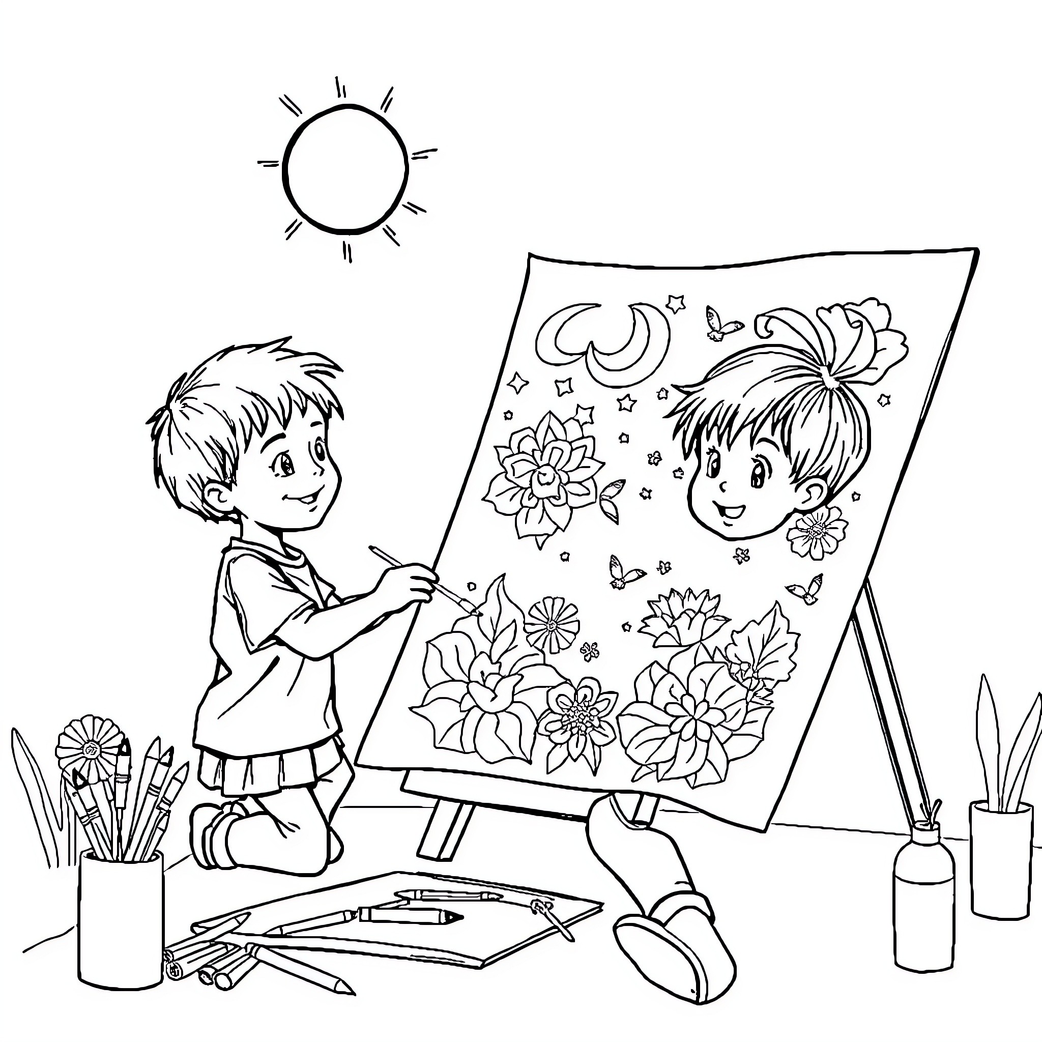 Child drawing a colorful nature scene on an easel Coloring Page (free black-and-white line drawing printable PDF for all, from beginners to advanced learners, including children, teens, adults, and seniors)