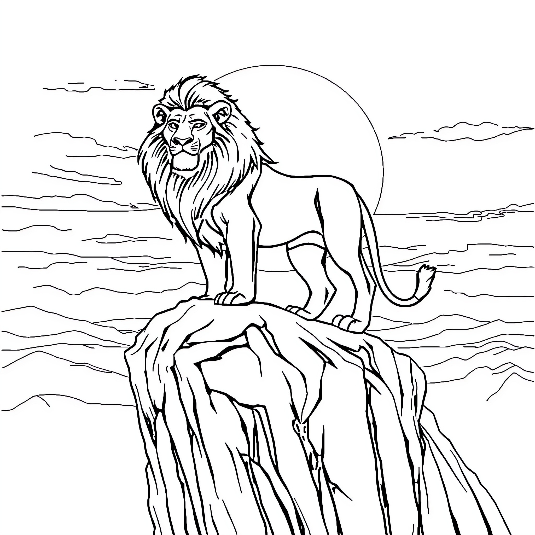Lion standing majestically on rocky cliff Coloring Page (free black-and-white line drawing printable PDF for all, from beginners to advanced learners, including children, teens, adults, and seniors)