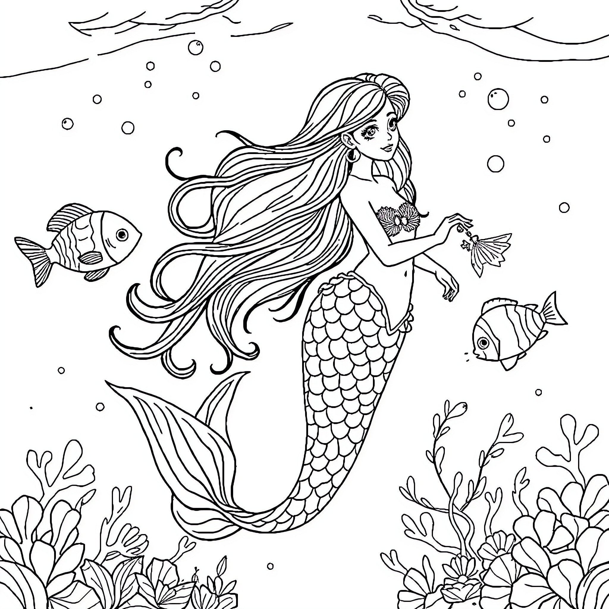 Mermaid swimming among the coral reef and fish Coloring Page (free black-and-white line drawing printable PDF for all, from beginners to advanced learners, including children, teens, adults, and seniors)