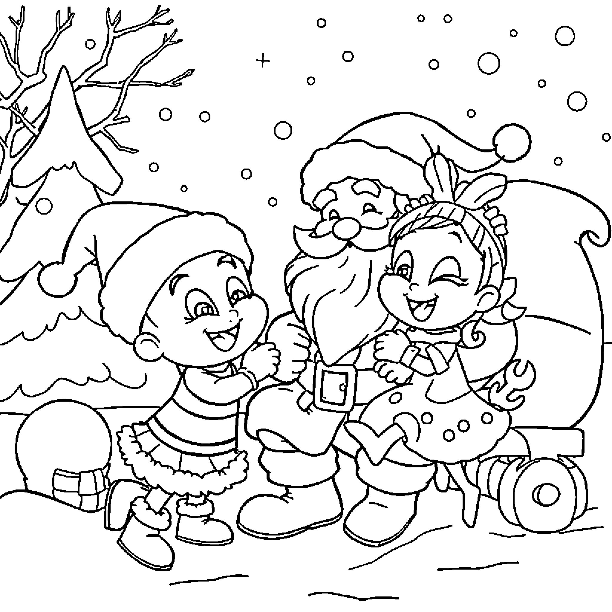 Blippi and Friends Celebrate Winter Wonderland Coloring Page (free black-and-white line drawing printable PDF for all, from beginners to advanced learners, including children, teens, adults, and seniors)