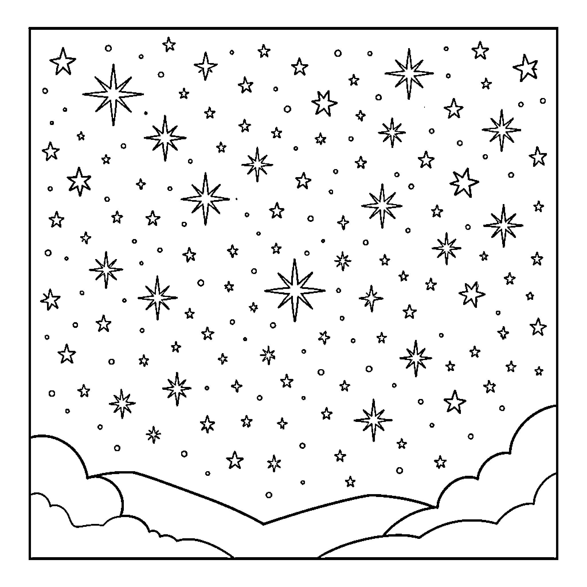 Star-filled Night Sky with Clouds Coloring Page (free black-and-white line drawing printable PDF for all, from beginners to advanced learners, including children, teens, adults, and seniors)
