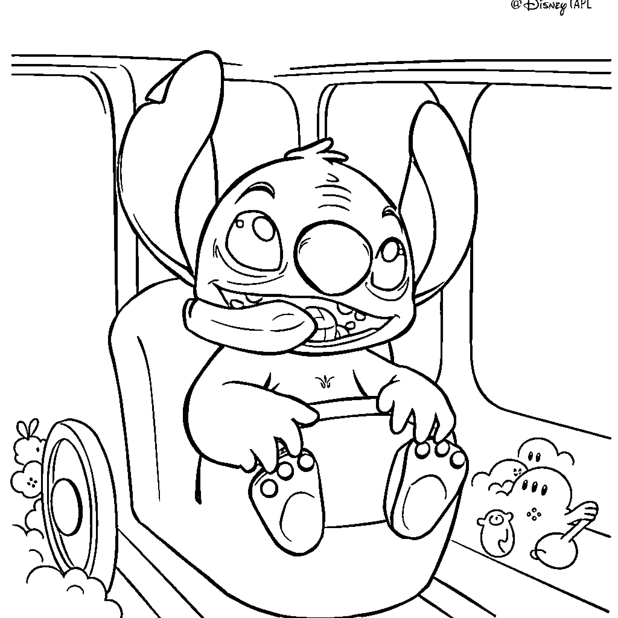 Stitch sitting in a chair with a curious expression Coloring Page (free black-and-white line drawing printable PDF for all, from beginners to advanced learners, including children, teens, adults, and seniors)