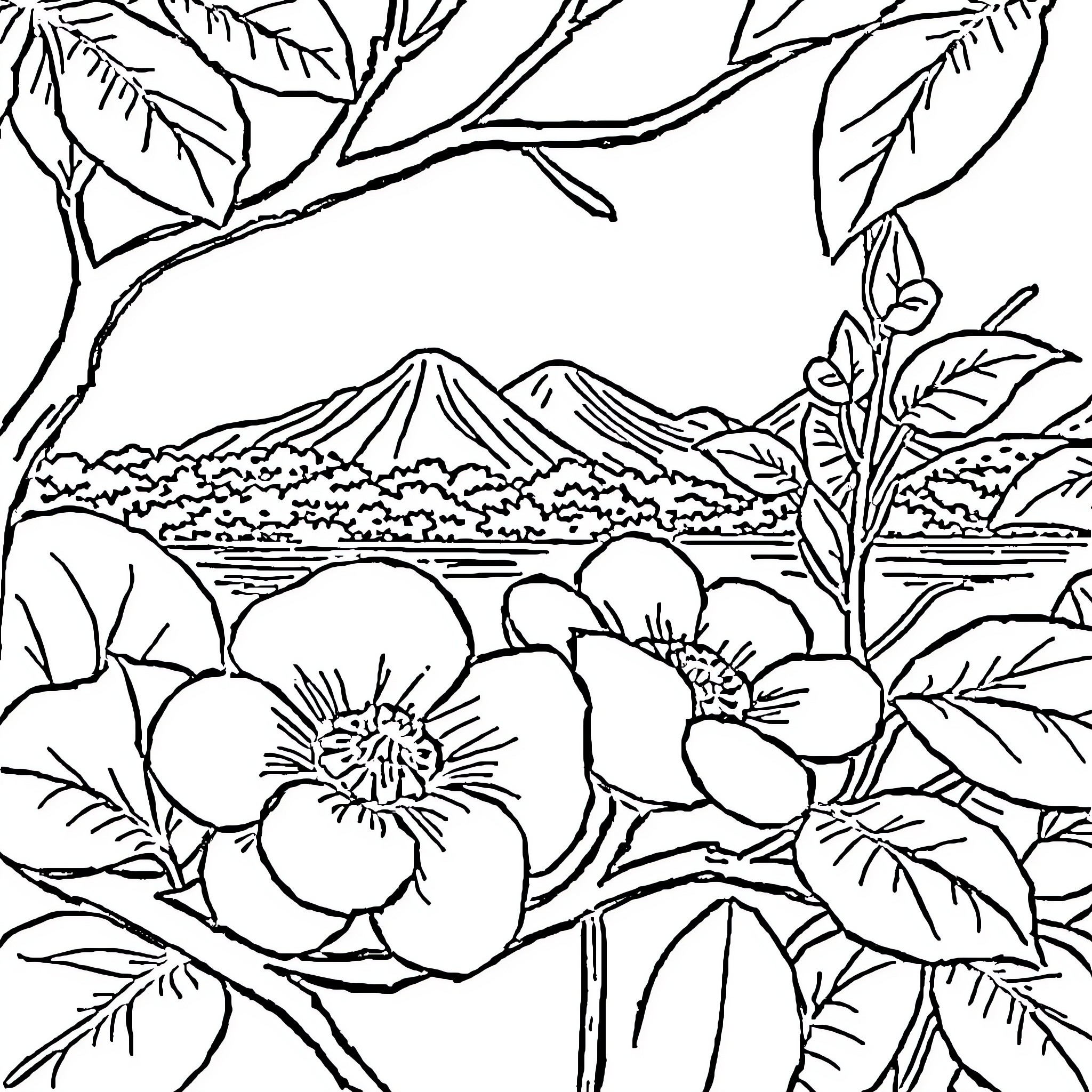 Vegetable Garden Landscape with Floral Scenery Coloring Page (free black-and-white line drawing printable PDF for all, from beginners to advanced learners, including children, teens, adults, and seniors)