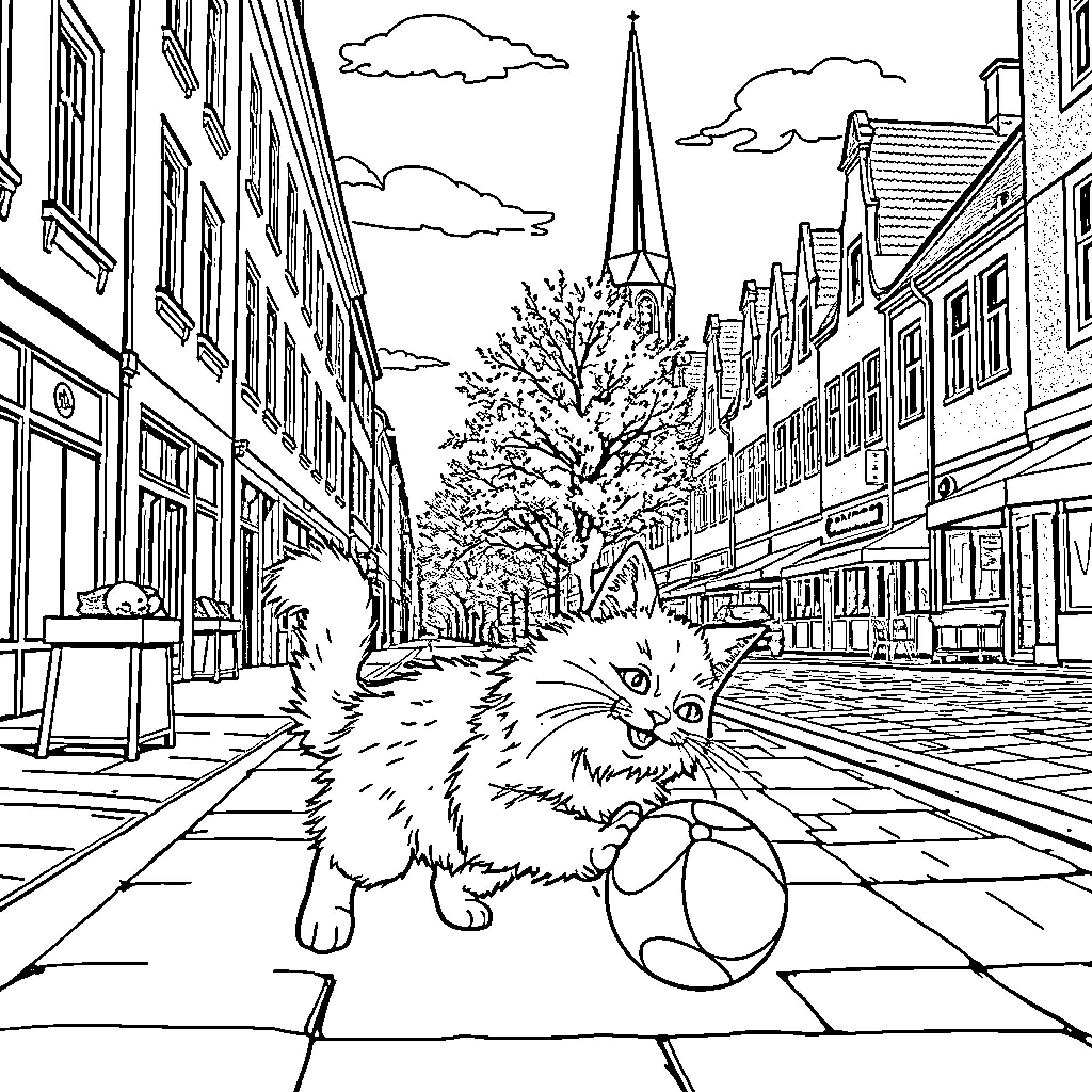 Cat exploring a city street Coloring Page (free black-and-white line drawing printable PDF for all, from beginners to advanced learners, including children, teens, adults, and seniors)