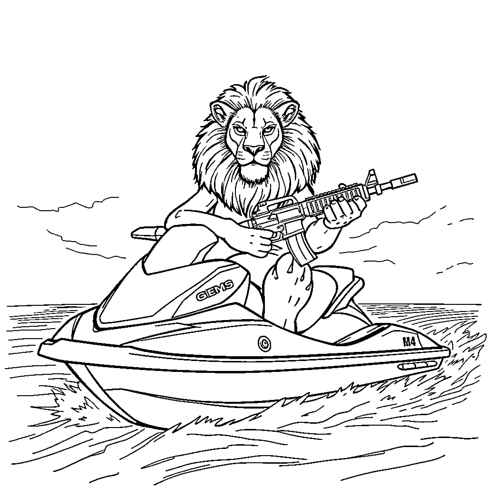 Lion riding a jet ski and playing a guitar Coloring Page (free black-and-white line drawing printable PDF for all, from beginners to advanced learners, including children, teens, adults, and seniors)