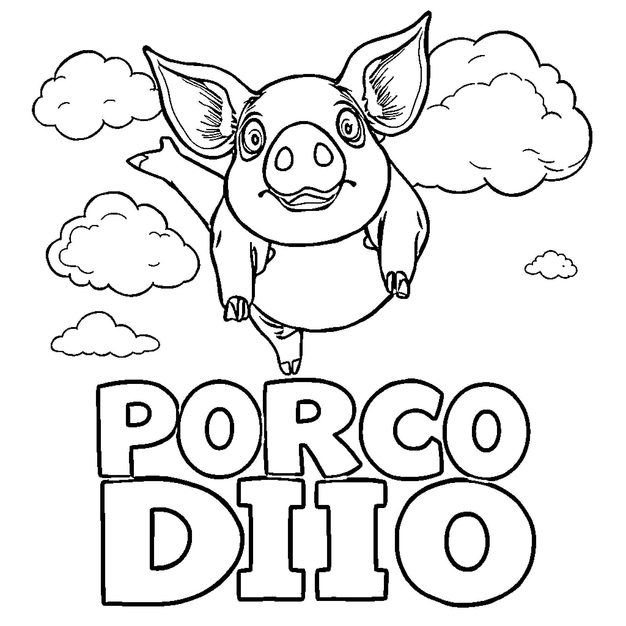 Pig soaring happily in the cloudy sky Coloring Page (free black-and-white line drawing printable PDF for all, from beginners to advanced learners, including children, teens, adults, and seniors)