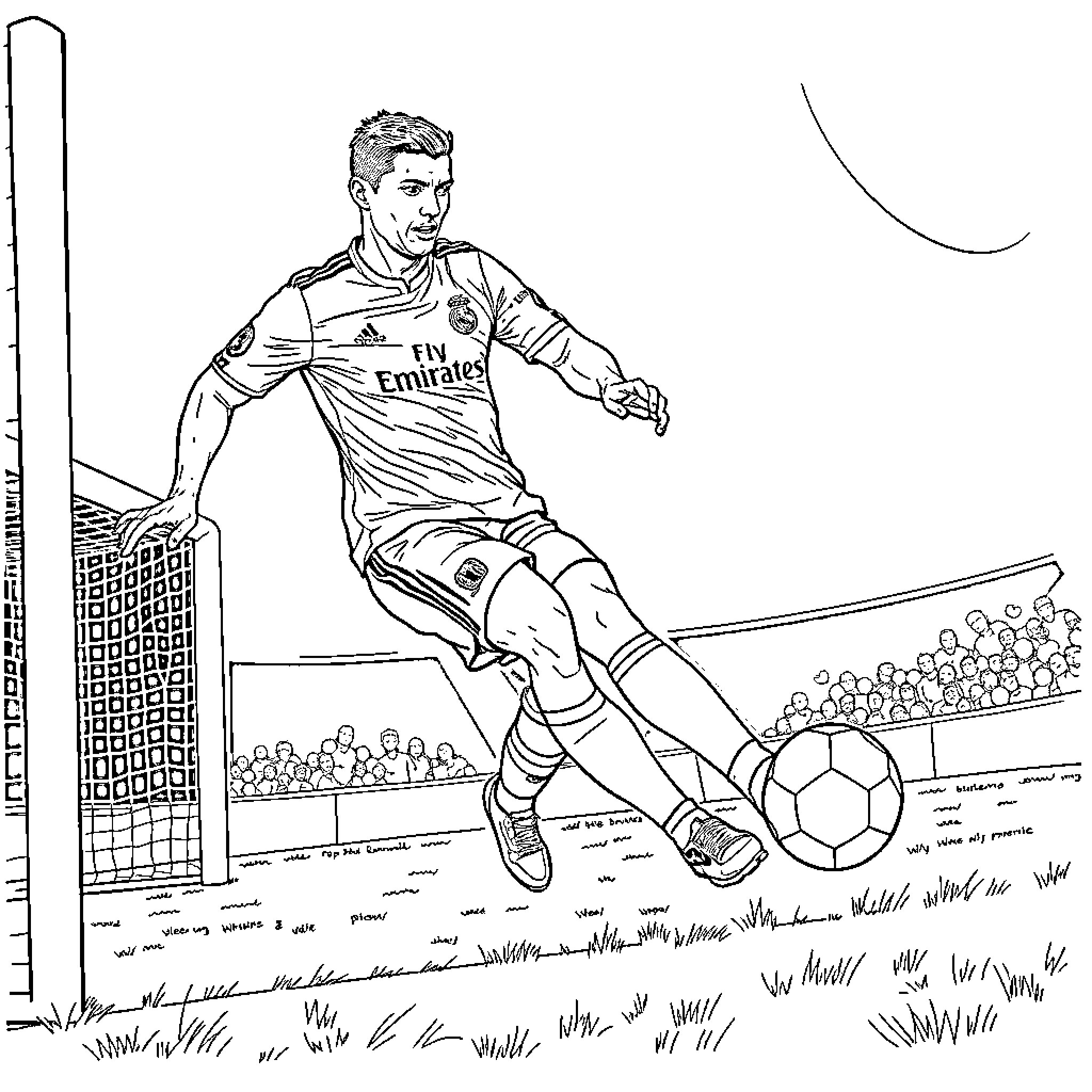 Cristiano Ronaldo in action on soccer field Coloring Page (free black-and-white line drawing printable PDF for all, from beginners to advanced learners, including children, teens, adults, and seniors)
