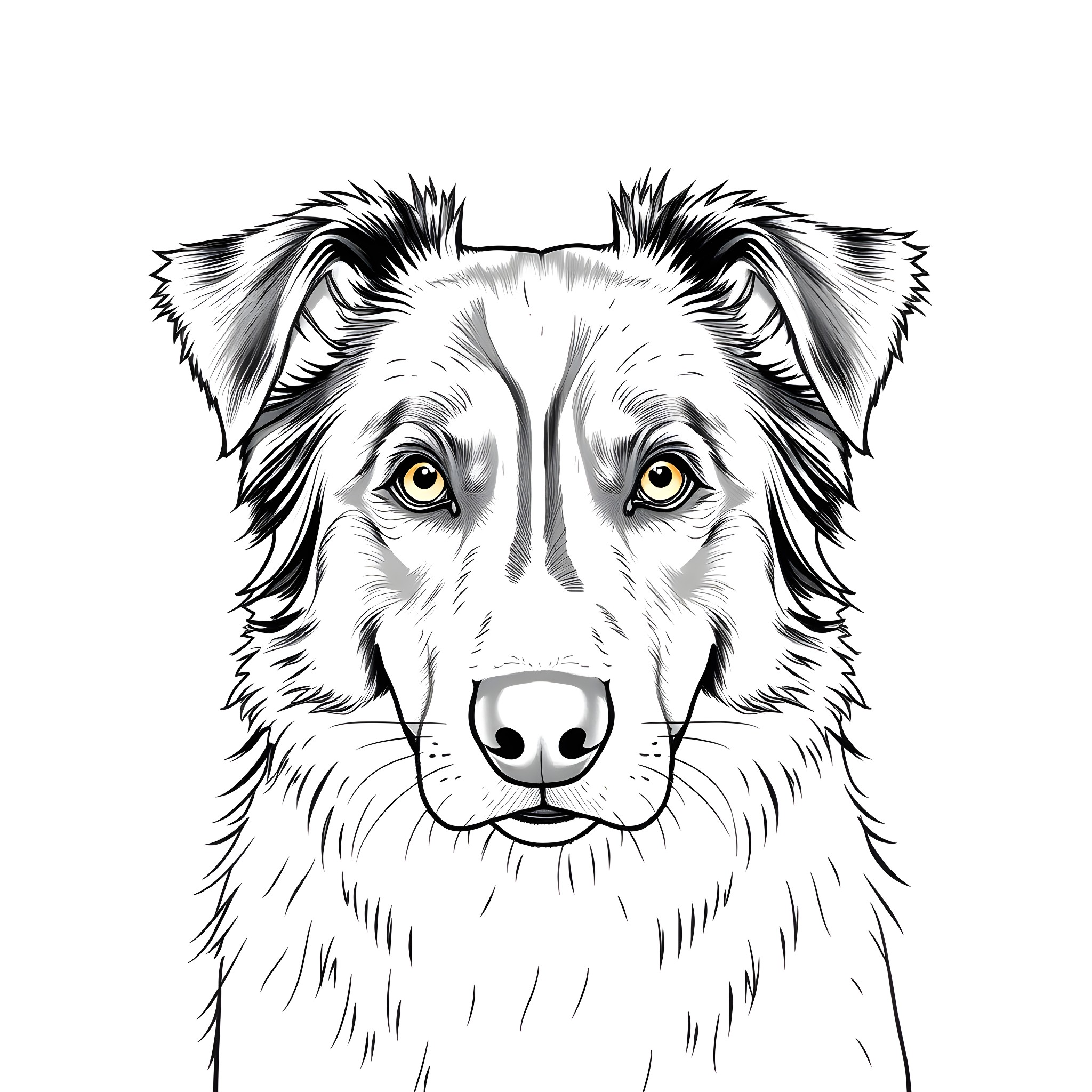 Australian Shepherd in thoughtful expression Coloring Page (free black-and-white line drawing printable PDF for all, from beginners to advanced learners, including children, teens, adults, and seniors)