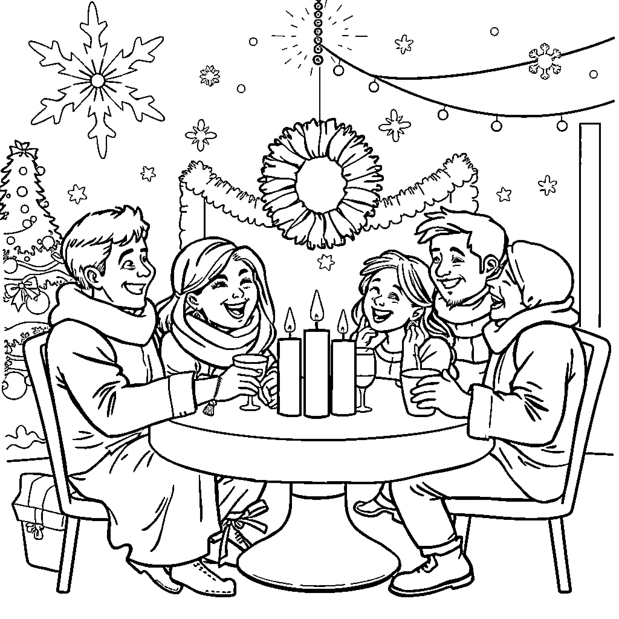 Holiday Family Celebration with Festive Decorations Coloring Page (free black-and-white line drawing printable PDF for all, from beginners to advanced learners, including children, teens, adults, and seniors)